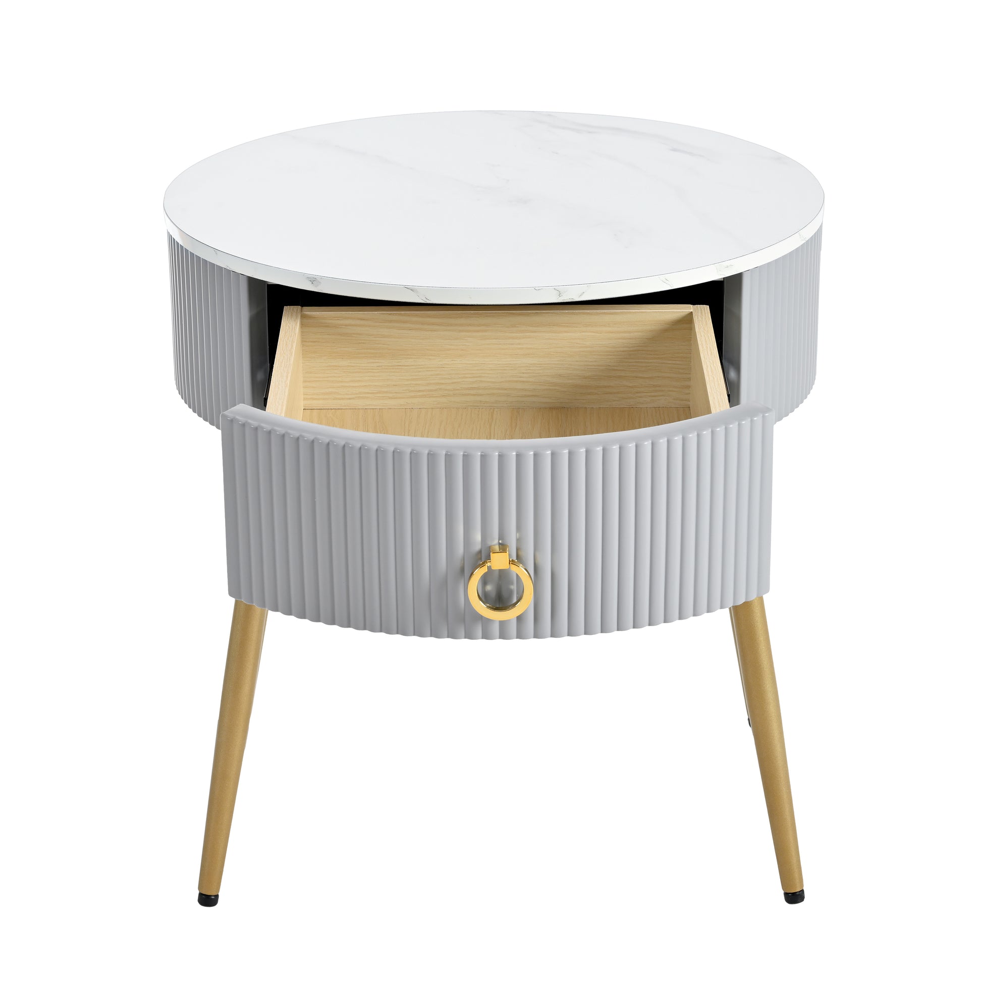 19.6'' Easy Assembly End Tables With High Gloss Faux Marble Tabletops, Set Of 2, Modern Fluted 2 Side Tables With Drawers, Round Coffee Tables With Golden Legs For Living Room, Grey Grey Gold Primary Living Space Drawers Round Mdf Iron