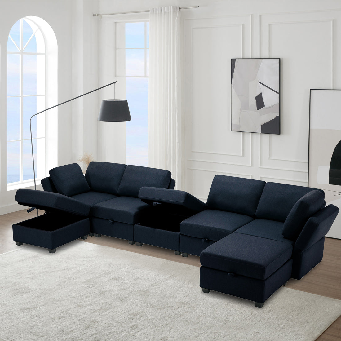Modular Sectional Sofa U Shaped Sectional Couch With Ottoman, 7 Seat Modular Sofa With Chaise For Living Room, Adjustable Arms And Backs Blue Blue Polyester 4 Seat