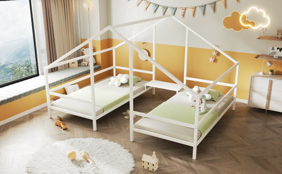Metal Double Twin Size Triangular House Beds With Built In Table, White Box Spring Not Required Twin White Metal Metal