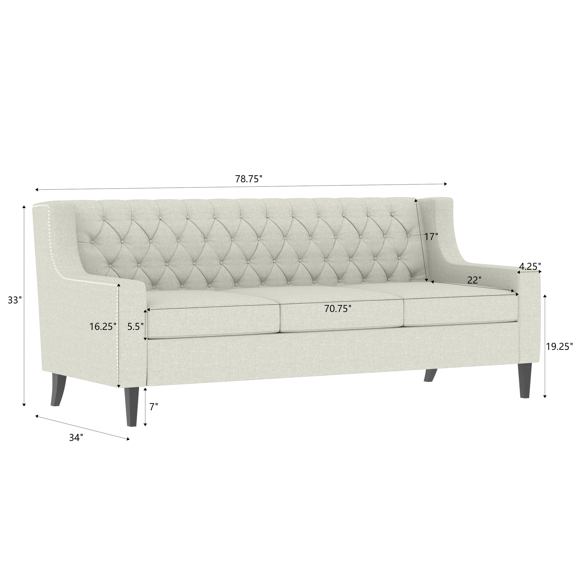78.75'' 3 Seater Sofa, Button Tufted Backrest With Comfy Cushion, Mid Century Modern Couches For Living Room, Upholstered Comfy Sofa Couch For Bedroom, Apartment Beige Polyester 3 Seat