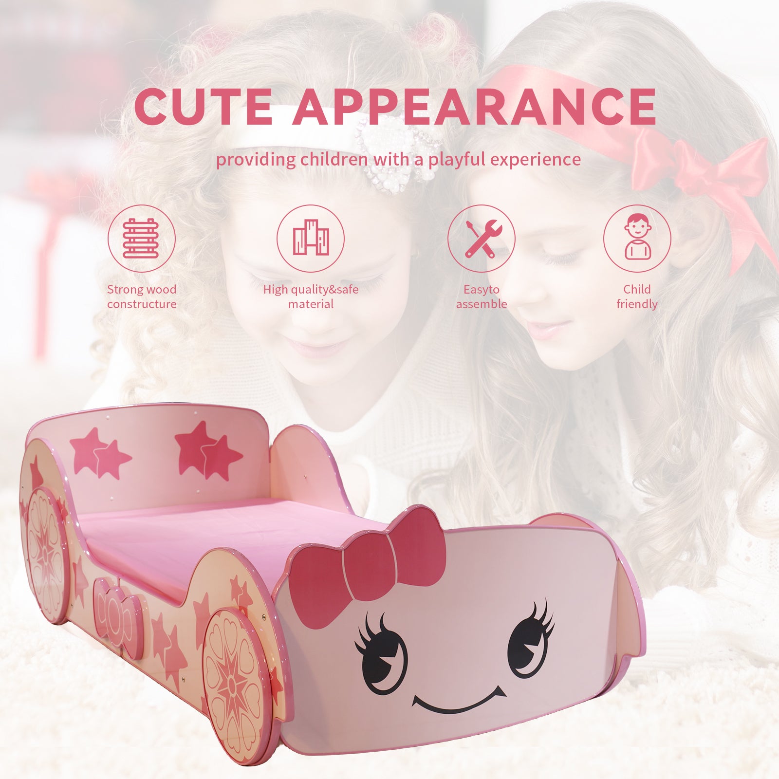 Little Star Cartoon Car Bed Twin Pink Mdf