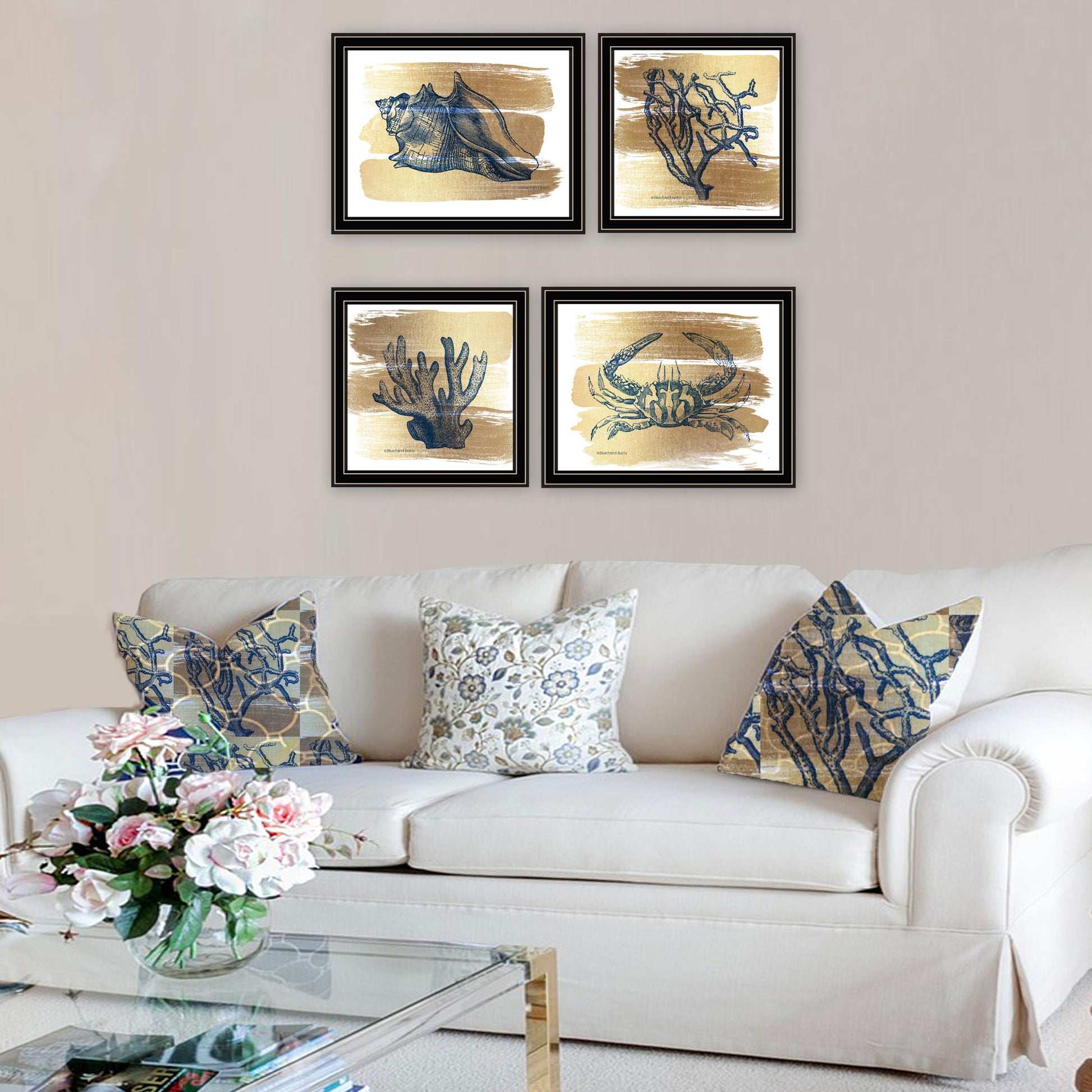 4 Pc Vignette Gold Sea Collection Black Framed Wall Art For Living Room, Bedroom Wall Art Print For Home Decor By Bluebird Barn Multi Wood Paper