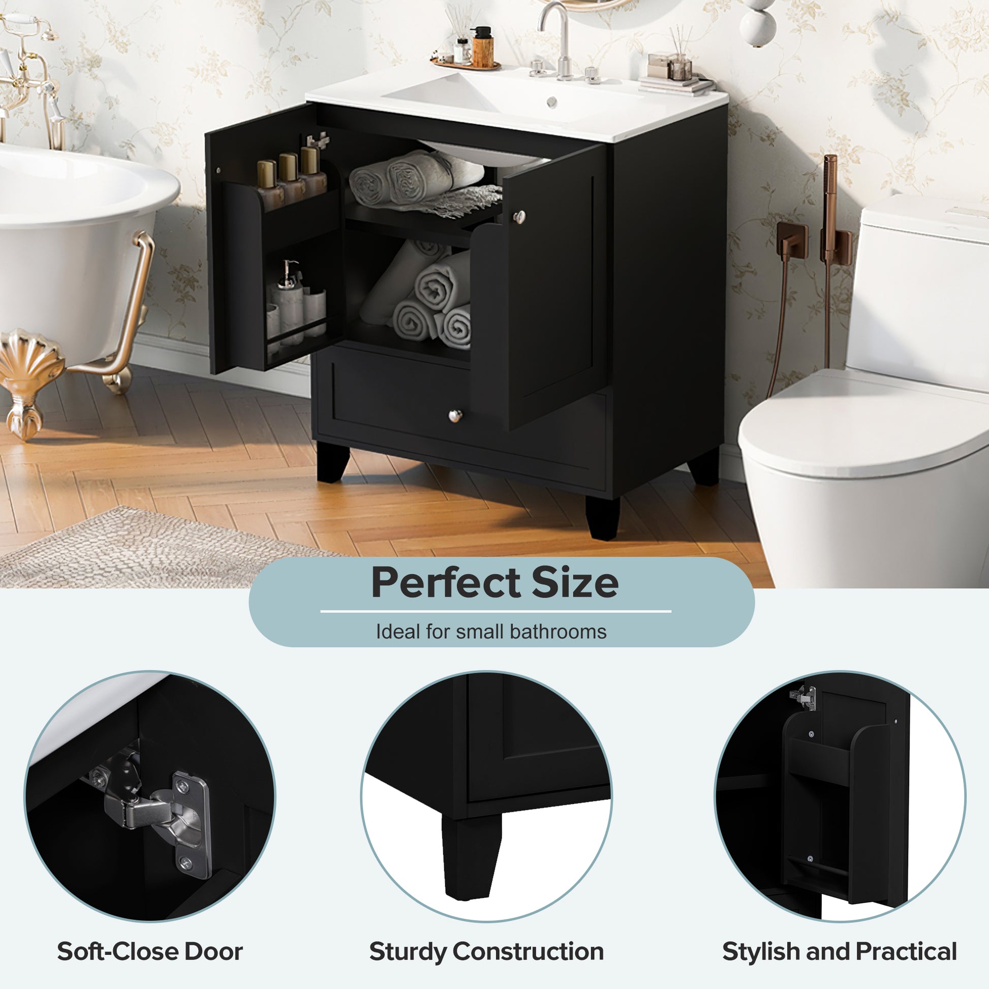 30" Black Bathroom Vanity Set With Ceramic Sink And Large Storage Space Ideal For Small Bathrooms Black Bathroom Solid Wood Mdf