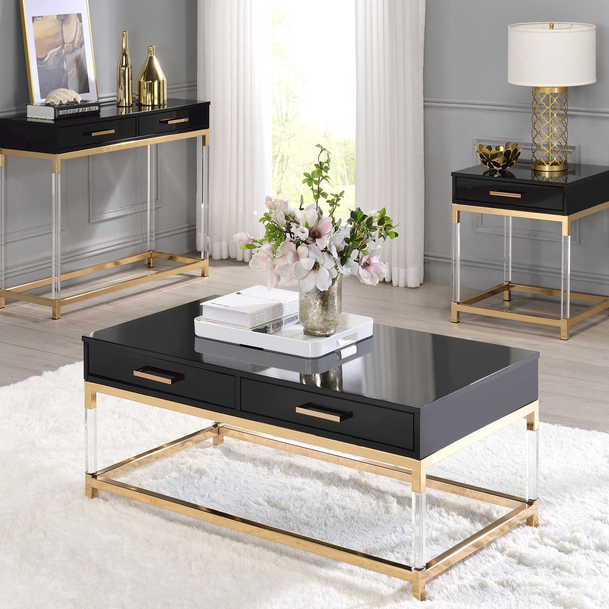 Black High Gloss And Gold Console Table With 2 Drawers Black Gold Primary Living Space Modern Drawers Rectangular Wood Metal