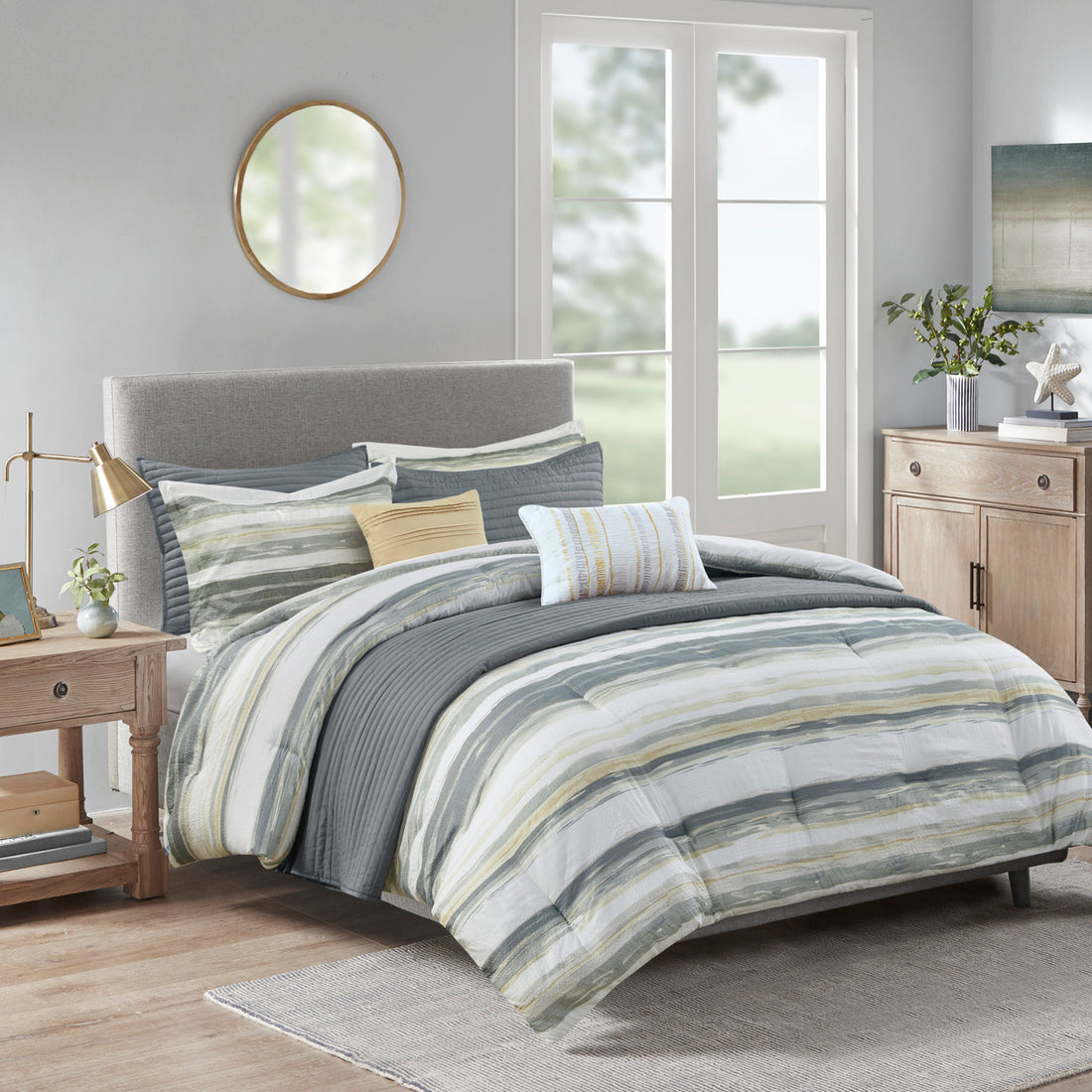 8 Piece Printed Seersucker Comforter And Quilt Set Collection Yellow Full Queen Full Yellow Polyester