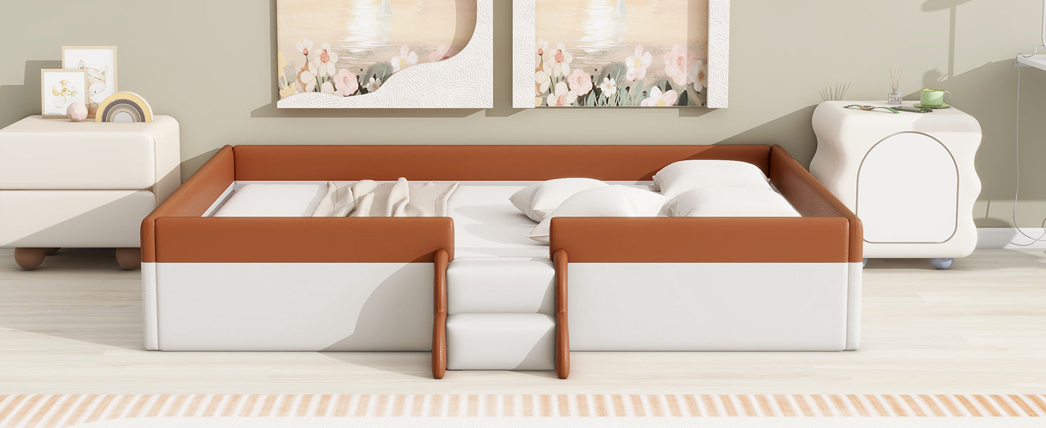 Queen Size Upholstered Daybed Frame With Fence And Stairs, Brown White Queen Brown White Mdf Lvl