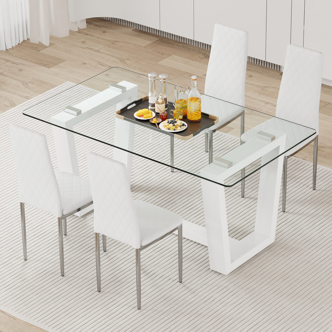 Table And Chair Set.A Rectangular Dining Table Features With Tempered Glass Top And Sleek White Mdf Stand.Paried With 4 Pu Chairs With Checkered Armless High Back And Electroplated Metal Legs. White Seats 4 Mdf Glass