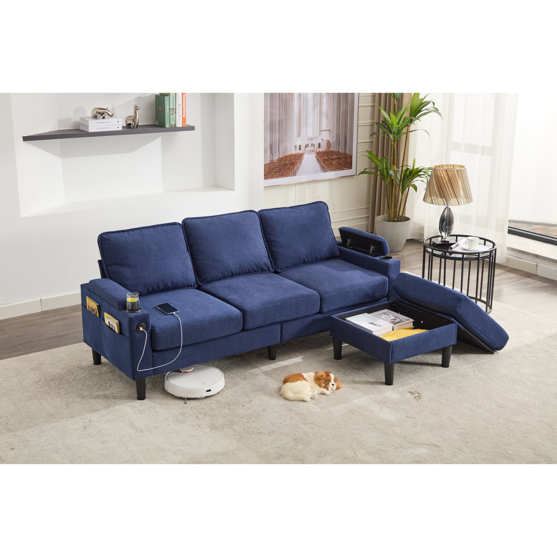 Blue Color Knock Down 3 Seat Combo Sofa With Storage Ottoman For Living Room Apartment Bedroom And Compact Room,Room, Upholstered Sectional Couch, L Shaped Bench With A Footrest, A Individual Stool White Wood Primary Living Space Heavy Duty Pine 3 Seat