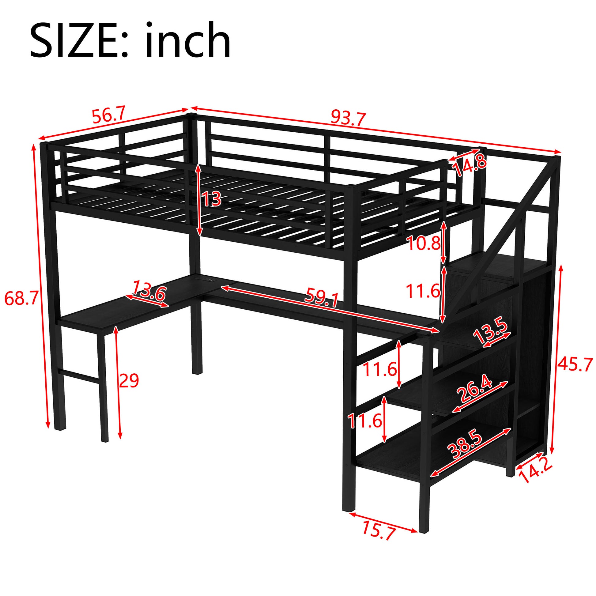 Full Size Loft Bed With L Shaped Desk And Usb, Metal Loft Bed With Wardrobe And Adjustable Shelf, High Loft Bed With Led For Kids Teens Adults, Black Full Black Metal