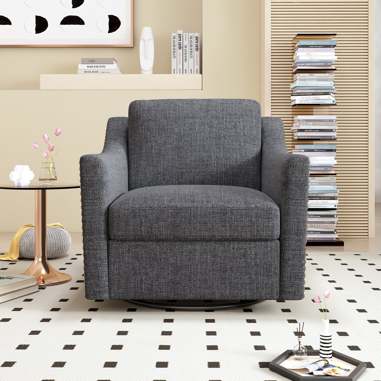 360 Degree Swivel Armchair Cotton Linen Skin Friendly Fabric Ergonomic Design Brass Nail Decorative Armchair Living Room Chairs Bedroom Chairs Living Room Chairs Black Legs Suitable For Indoor Homes Black Gray Modern Foam Cotton Linen
