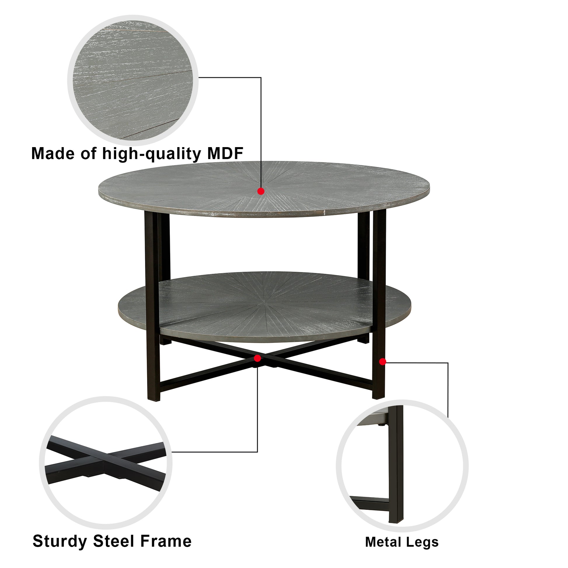 31.5"D X 31.5''W X 18.3''H Round Coffee Table With 2 Tier Storage, Farmhouse Living Room Cocktail Table With Black Metal Leg,Patchwork Desktop Effect Easy Assembly Antique Gray Antique Gray Primary Living Space American Design Floor Mount Round Open