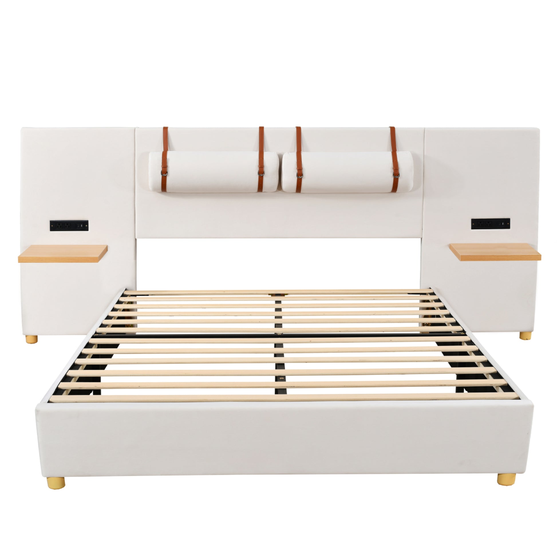 Queen Size Upholstered Platform Bed, Two Outlets And Usb Charging Ports On Both Sides, Two Bedside Pillows, Storage Shelves,Velvet, Beige Queen Beige Mdf Lvl