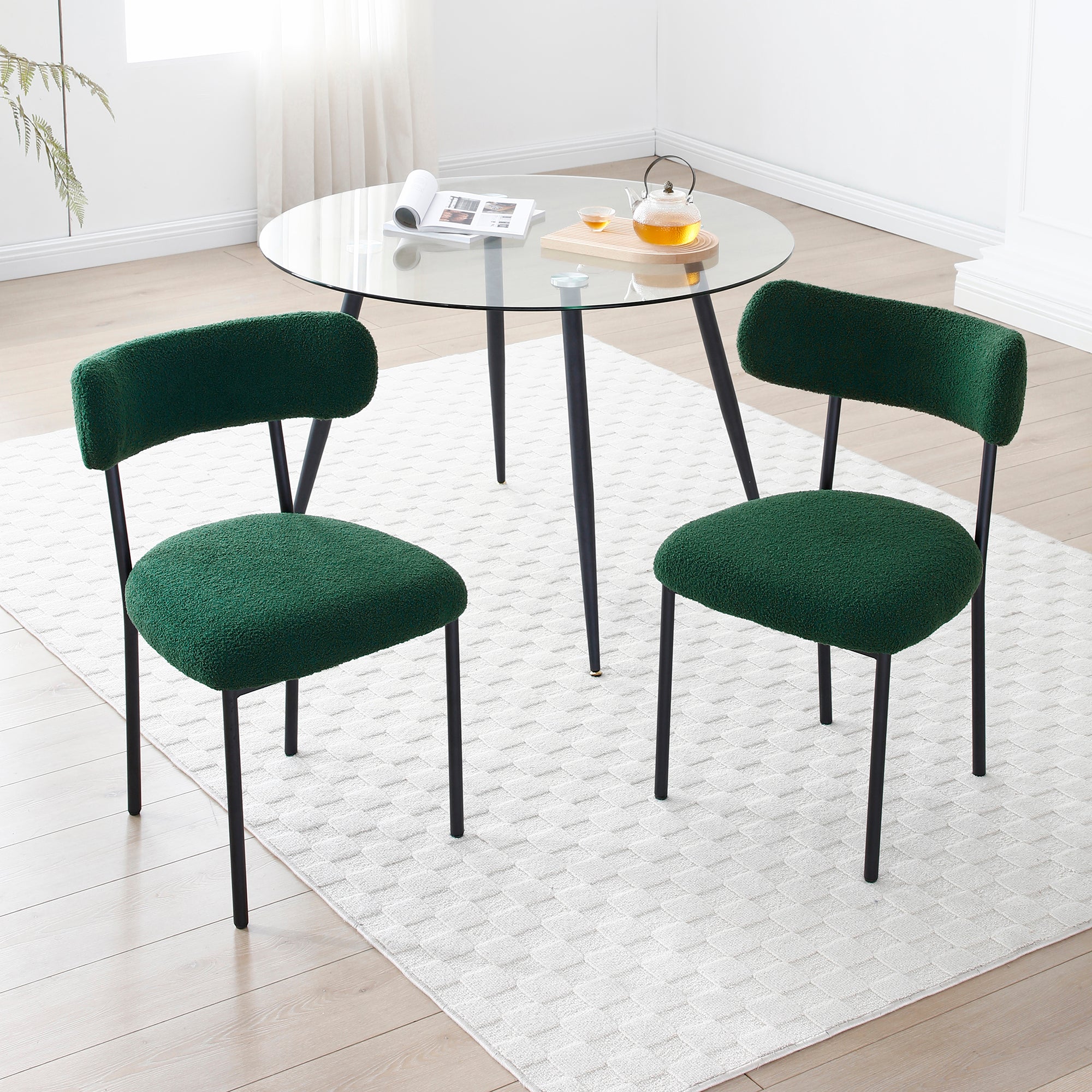Dining Chairs Set Of 2,Round Upholstered Sherpa Fabric Dining Room Chairs With Curved Backrest,Mid Century Modern Accent Chairs With Black Metal Adjustable Legs For Dining Room,Living Room,Kitchen Green Foam Teddy