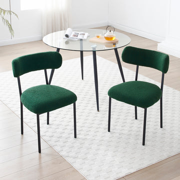Dining Chairs Set Of 2,Round Upholstered Sherpa Fabric Dining Room Chairs With Curved Backrest,Mid Century Modern Accent Chairs With Black Metal Adjustable Legs For Dining Room,Living Room,Kitchen Green Foam Teddy