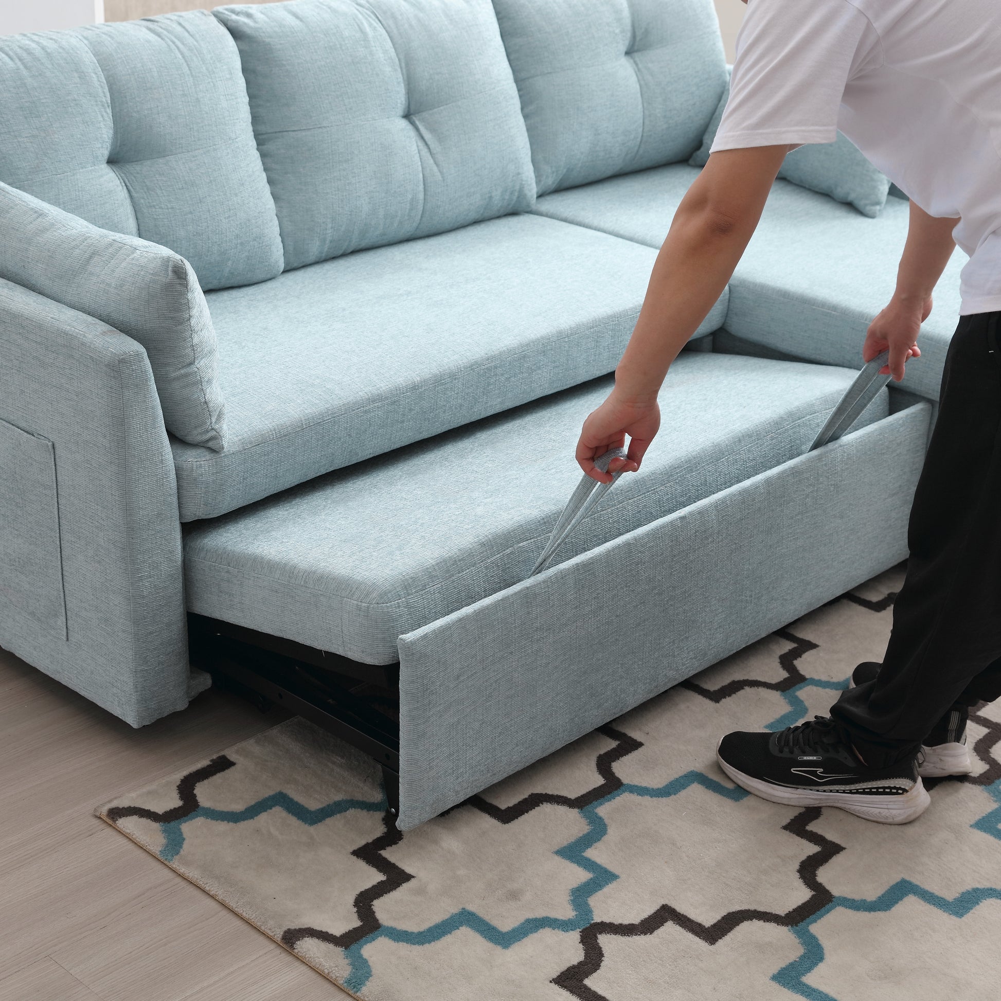 United We Win Furniture, Modular L Shaped Sofa, Modular Long Sofa With Reversible Chaise Lounge, Sofa Bed, Sleeper Sofa, Modular Sofa Combination With Storage Seats. Mint Green Chenille 3 Seat