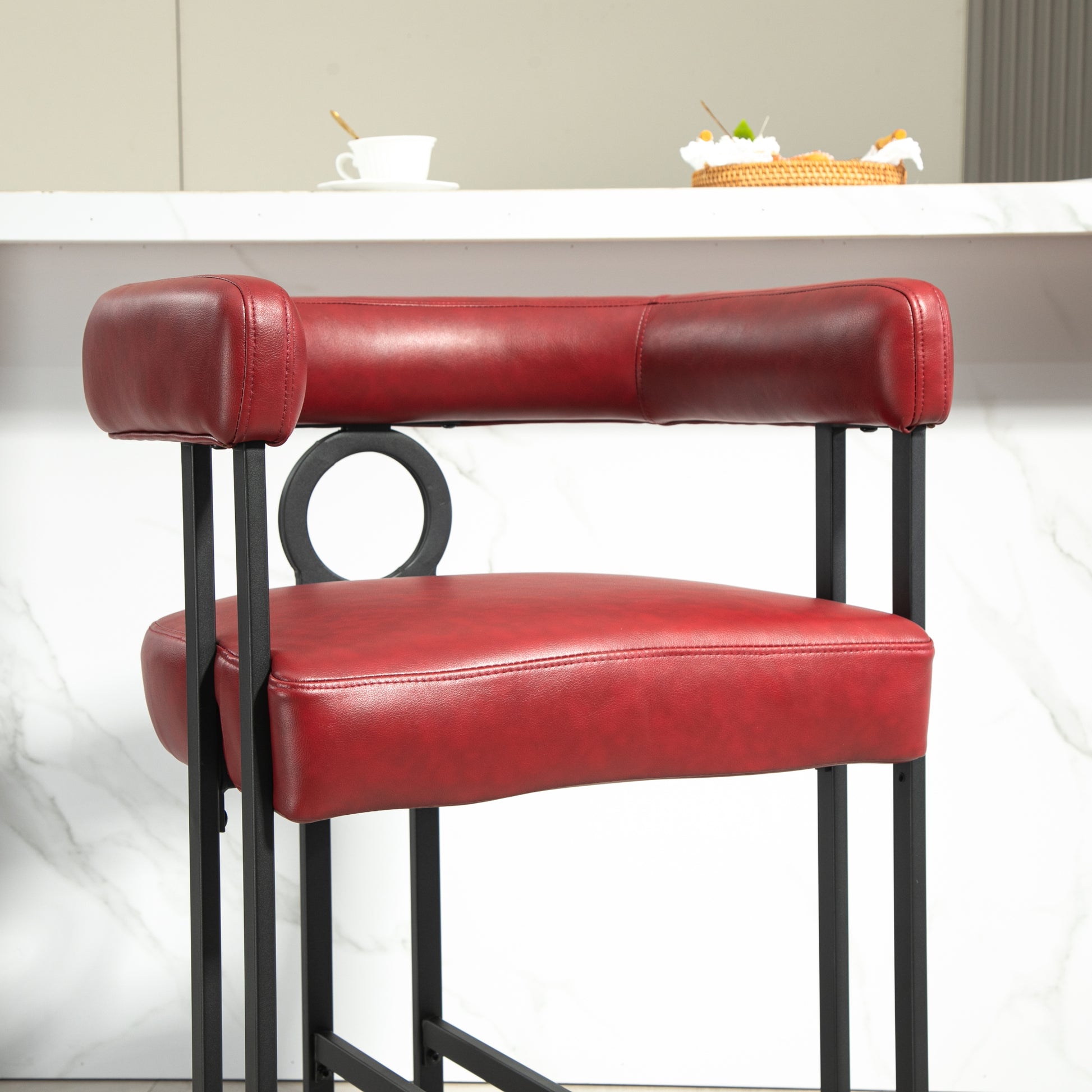 Coolmore Bar Stools Set Of 2, Modern Bar Stool With Back, Black Metal Frames, Upholstered Bar Stools For Kitchen Island, Pub, Club Wine Red Pu Wine Red Dining Room Foam Pu Leather