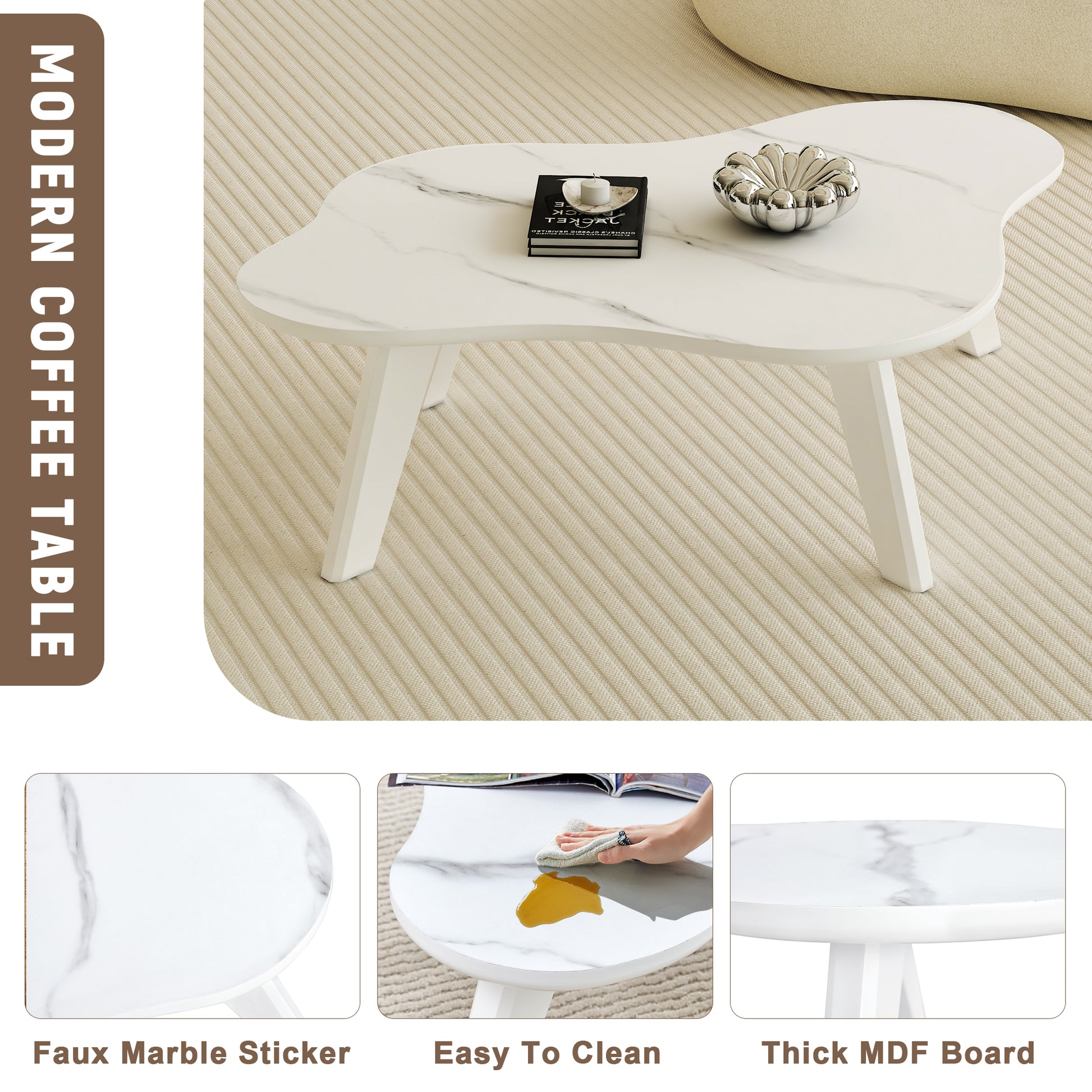 Modern Minimalist White Imitation Marble Tabletop Coffee Table. Solid Wood Spray Painted Desk Legs, Cloud Shape To Give You A Experience, Computer Desk. Suitable For Dining And Living Rooms. White Mdf