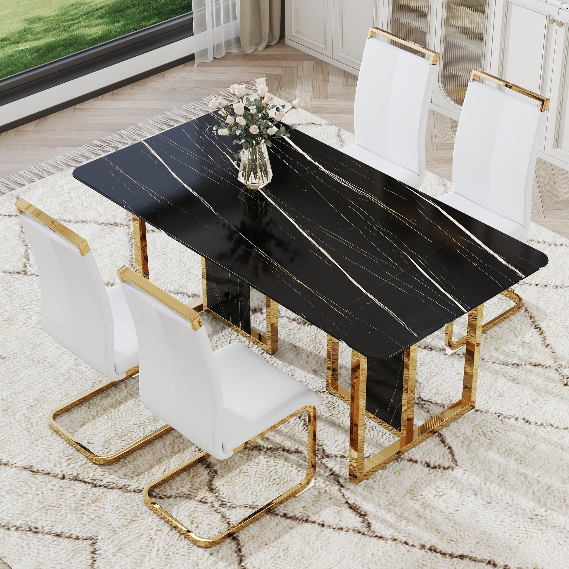 Table And Chair Set. Modern Dining Table With Mdf Top And Beautiful Mdf Legs. Equipped With Comfortable Pu Chairs And Metal Legs. Suitable For A Wide Range Of Decorative Styles. Black,White Seats 4 Mdf