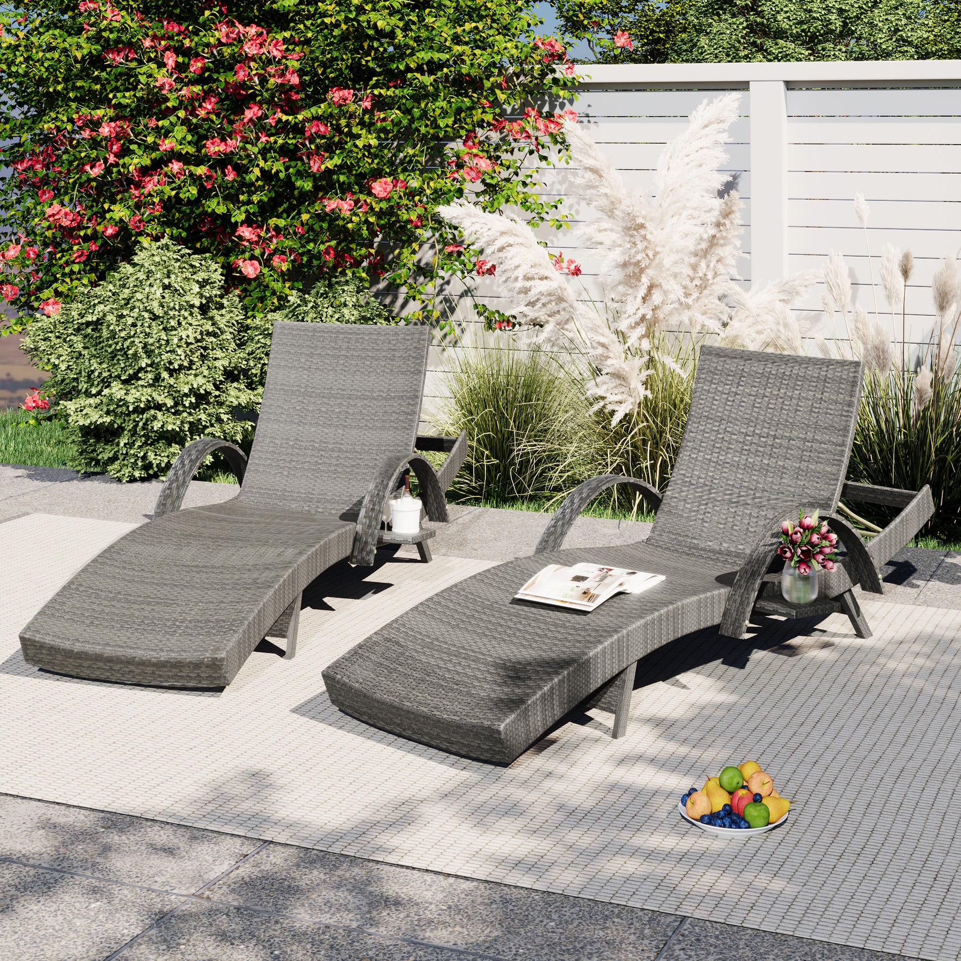 K&K 80'' Outdoor Wicker Chaise Lounge Chairs Set Of 2, Patio Rattan Reclining Chair Pull Out Side Table Adjustable Backrest Ergonomic Wave Design Pool Sunbathing Recliners, Grey No Lounge Grey Seats