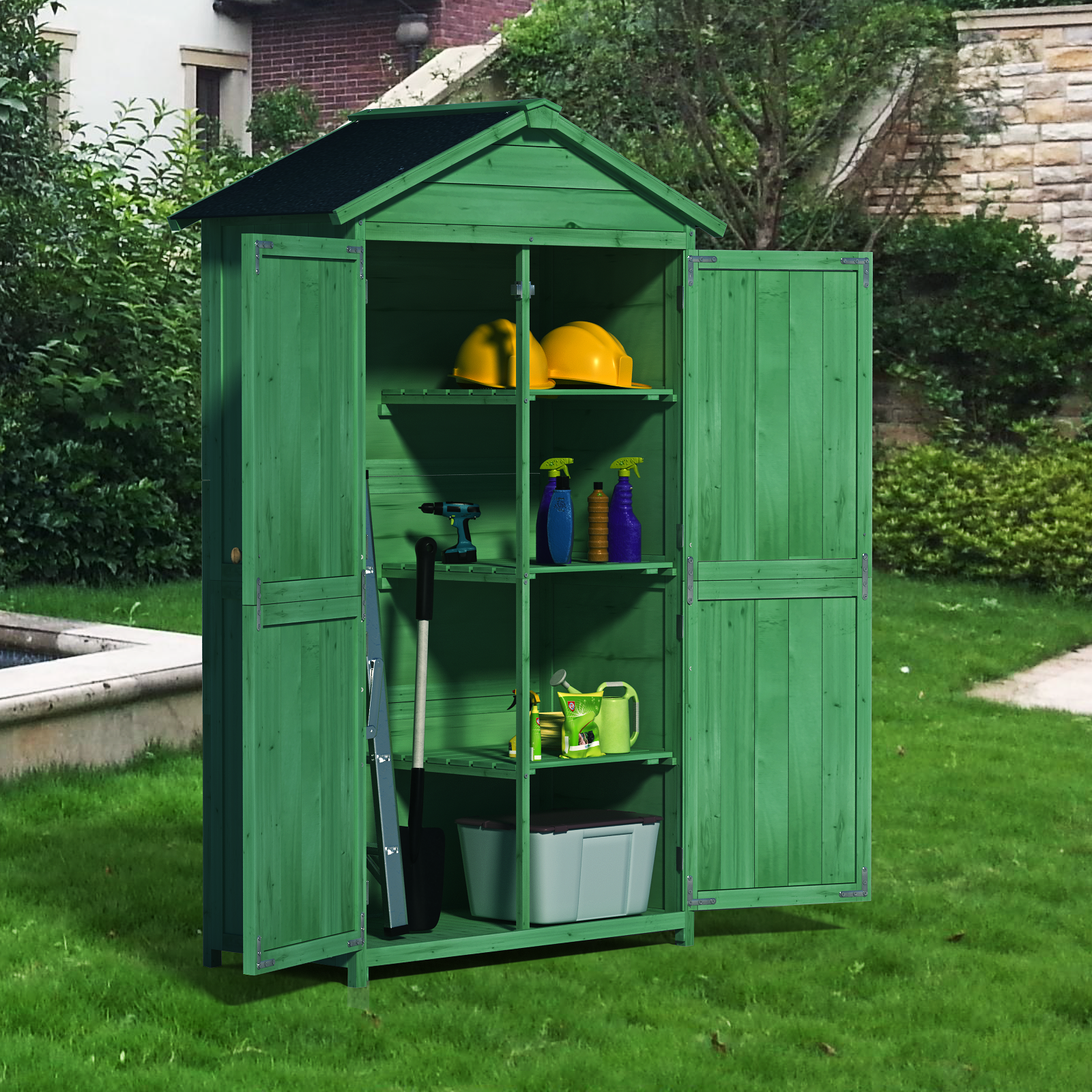 Outdoor 35.6"X 18.1"X 66.15" L Wood Storage Shed, Garden Tool Cabinet With Waterproof Asphalt Roof, Double Doors, Multiple Tier Shelves,Forest Green Green Dark Green Metal & Wood