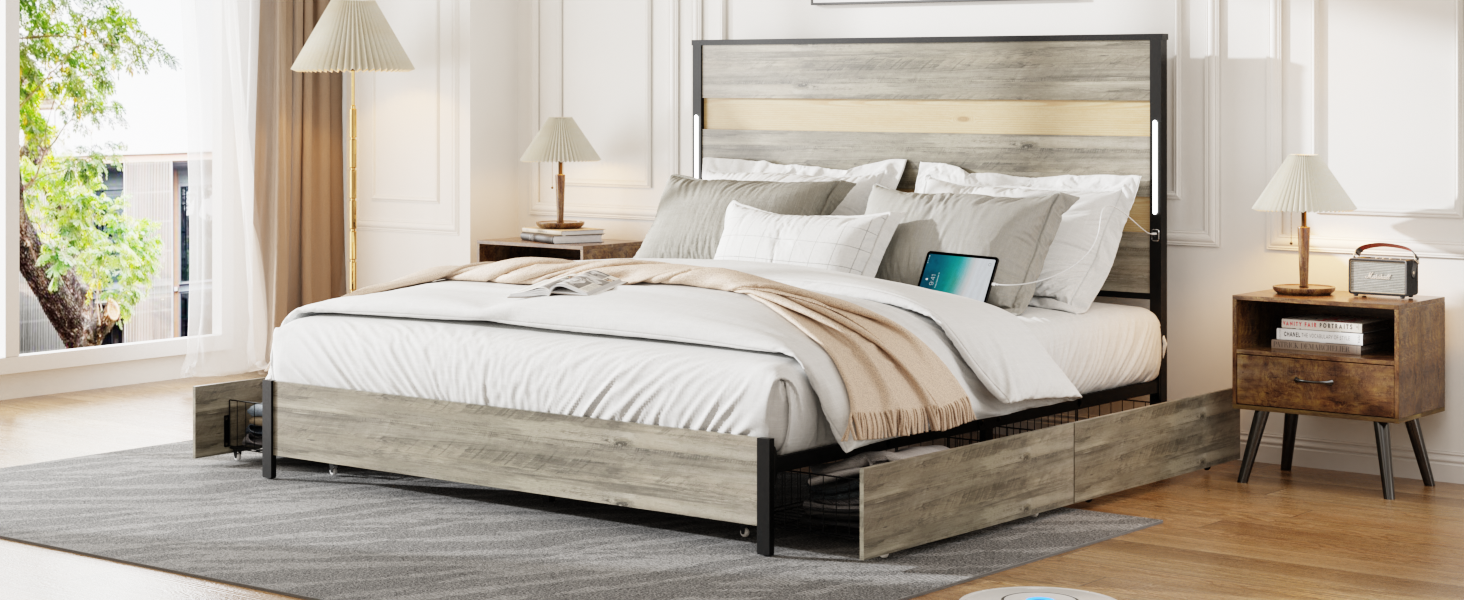 Queen Size Bed Frame With Headboard And 4 Storage Drawersqueen Bed Frame With Charging Station And Led Lights, Wood Slats, Easy Assembly,No Box Spring Needed,Industrial Gray Box Spring Not Required Queen Antique Gray Metal Bedroom Bed Frame Mdf Metal