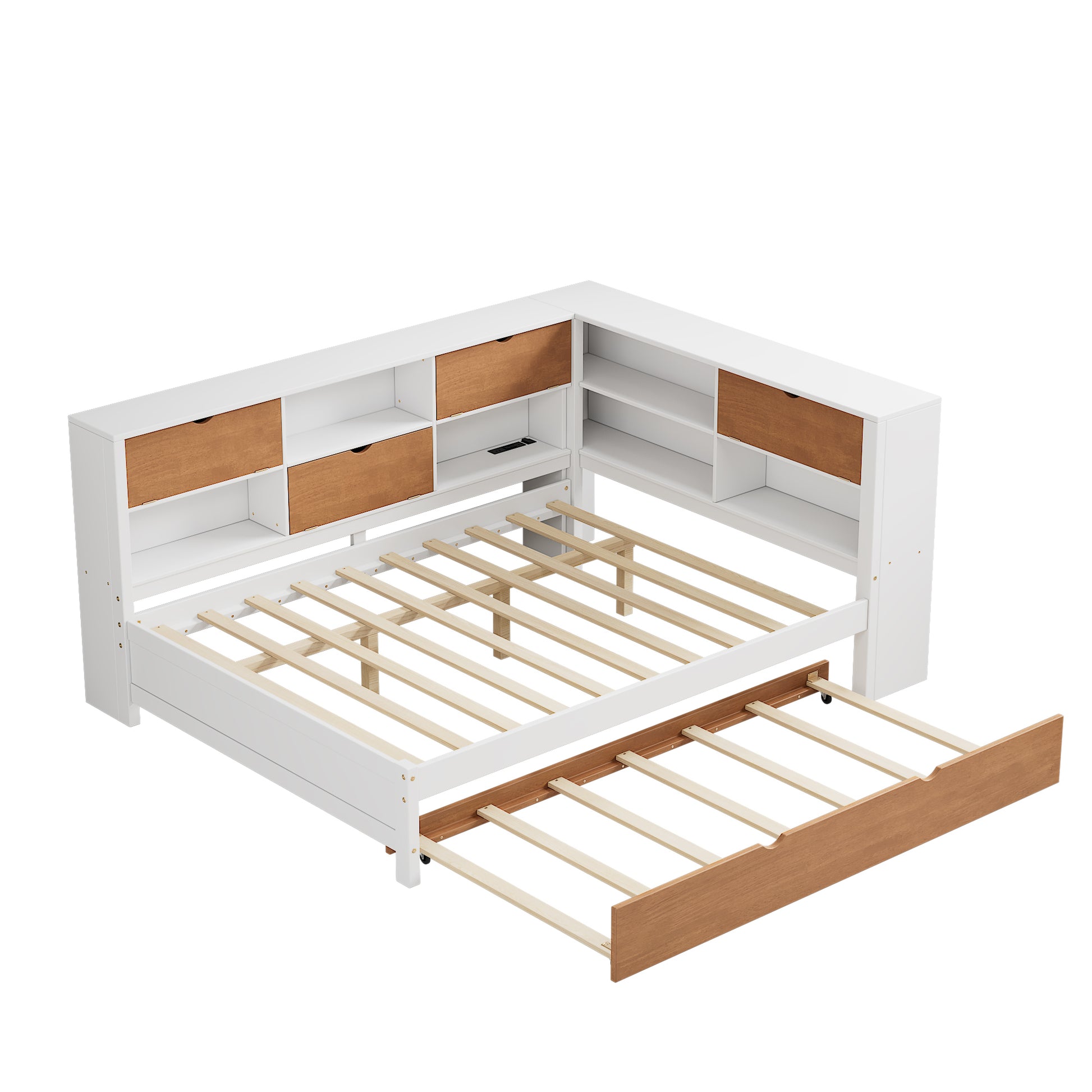 L Shaped Bed Frame With Trundle And And Bookcase,Corner Bed Wooden Captain Bed With Led Downlight And Usb Port For Small Room,Bedroom, Guest Room, Full Size, Walnut And White Box Spring Not Required Full White Walnut Wood Bedroom Modern Pine Bed Frame
