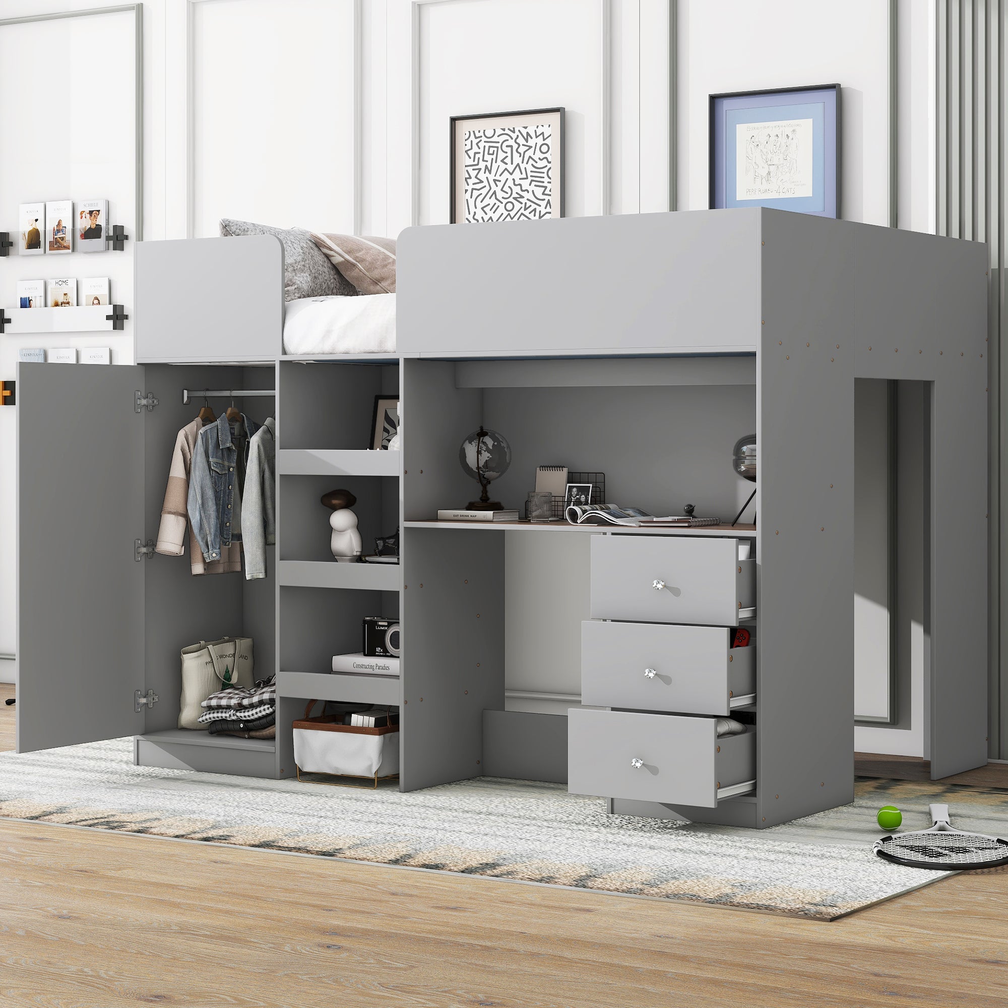 Wood Full Size Loft Bed With Built In Wardrobe, Desk, Storage Shelves And Drawers, Grey Expected Arrival Time: 9.8 Box Spring Not Required Full Grey Wood Bedroom Bed Frame Solid Wood Mdf
