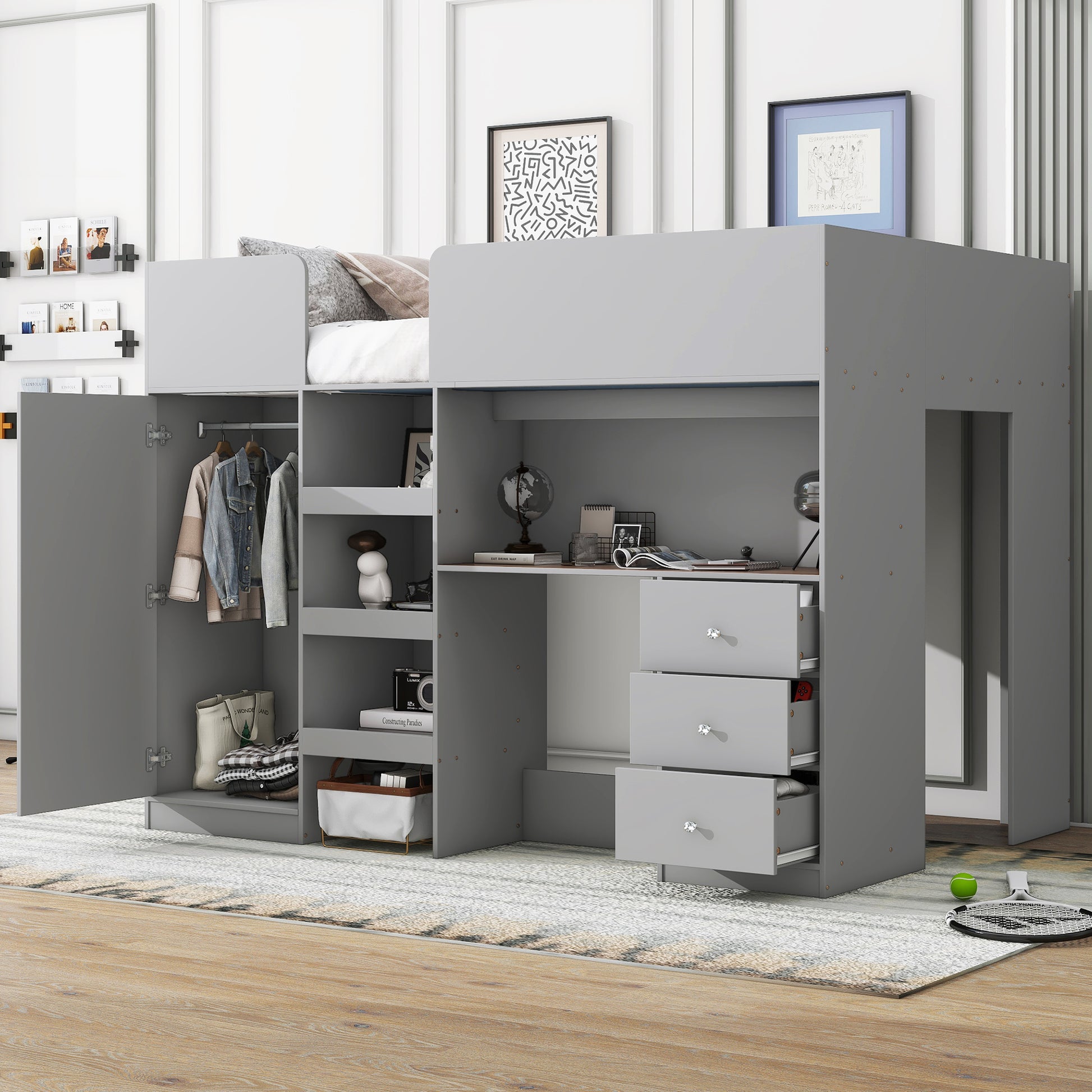Wood Full Size Loft Bed With Built In Wardrobe, Desk, Storage Shelves And Drawers, Grey Expected Arrival Time: 9.8 Box Spring Not Required Full Grey Wood Bedroom Bed Frame Solid Wood Mdf