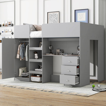 Wood Full Size Loft Bed With Built In Wardrobe, Desk, Storage Shelves And Drawers, Grey Expected Arrival Time: 9.8 Box Spring Not Required Full Grey Wood Bedroom Bed Frame Solid Wood Mdf