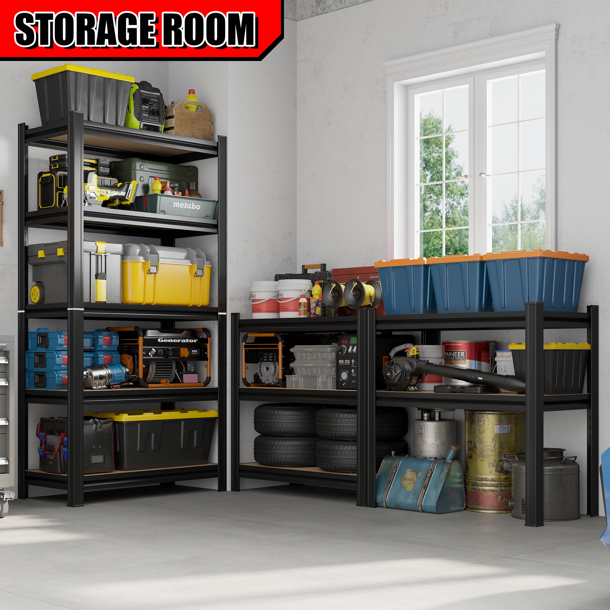5 Tier Storage Rack, Adjustable Height Shelving, Warehouse Supermarket Basement Storage, Black Requires Assembly 5 Black Nature Standard Horizontal Primary Living Space Open Back Metal Classic