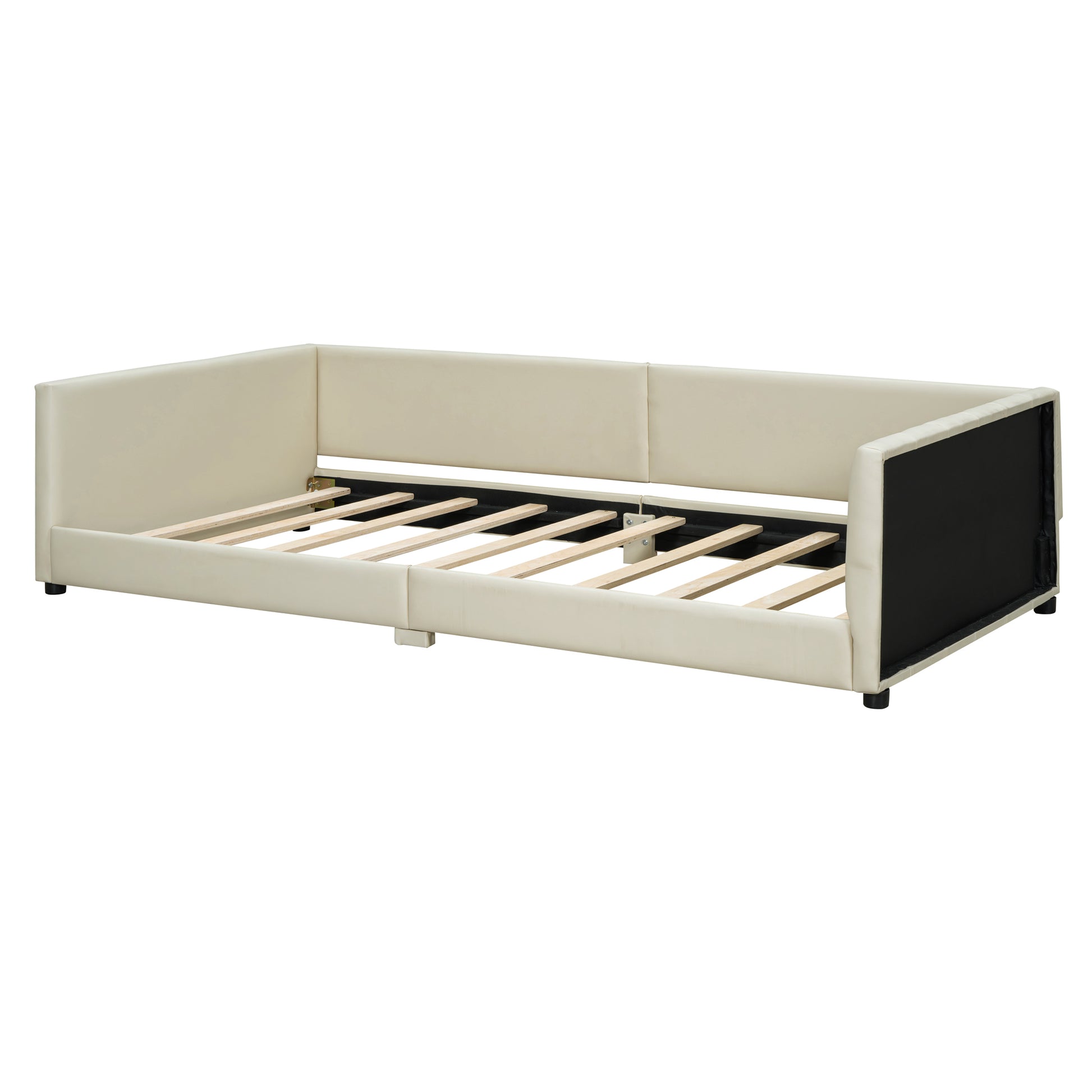 Queen Size & Twin Xl Size Upholstered Platform Bed, Mother & Child Bed, Pu Leather, Beige Beige Pu Leather