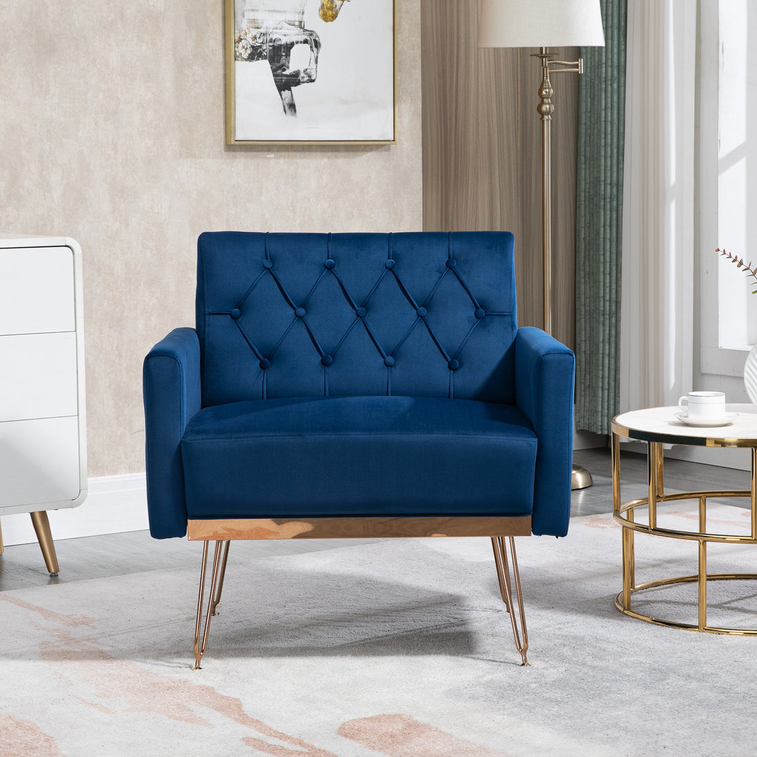 Coolmore Velvet Armchair Single Sofa Modern Tufted Upholstered Side Reading Chairs With Arm And Gold Metal Leg For Living Room Bedroom Navy Navy Foam Velvet