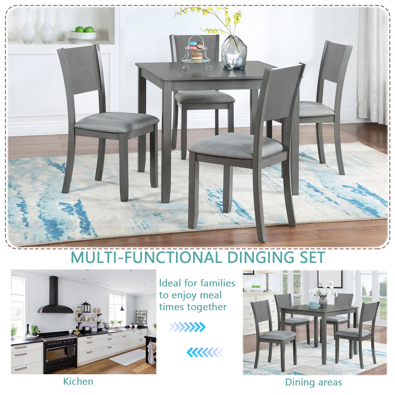 5 Piece Modern Dining Set, Square Wooden Dining Table With 4 Upholstered Chairs For Kitchen, Dining Room, Gray Wood Gray Seats 4 Gray Wood Dining Room Acacia 4 Leg Square Dining Table With Chair Acacia Wood
