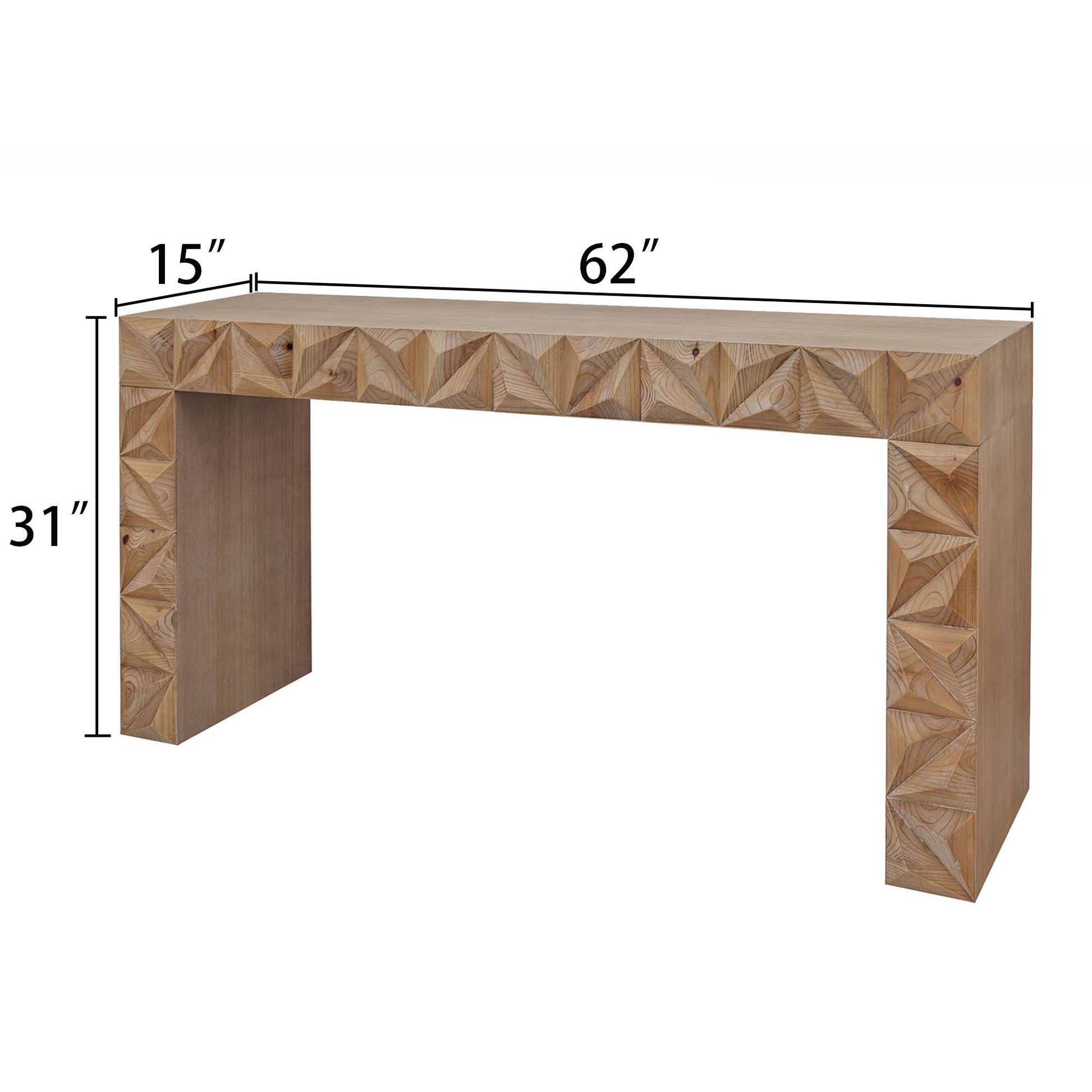 Modern Geometric Wooden Console Table Natural Wood Finish With Handcrafted 3D Design Antique Natural,Natural,Natural & Light Brown,Natural Wood,Natural Wood Wash Nature Distressed Finish Primary Living Space Powder Coated Rectangular Wood