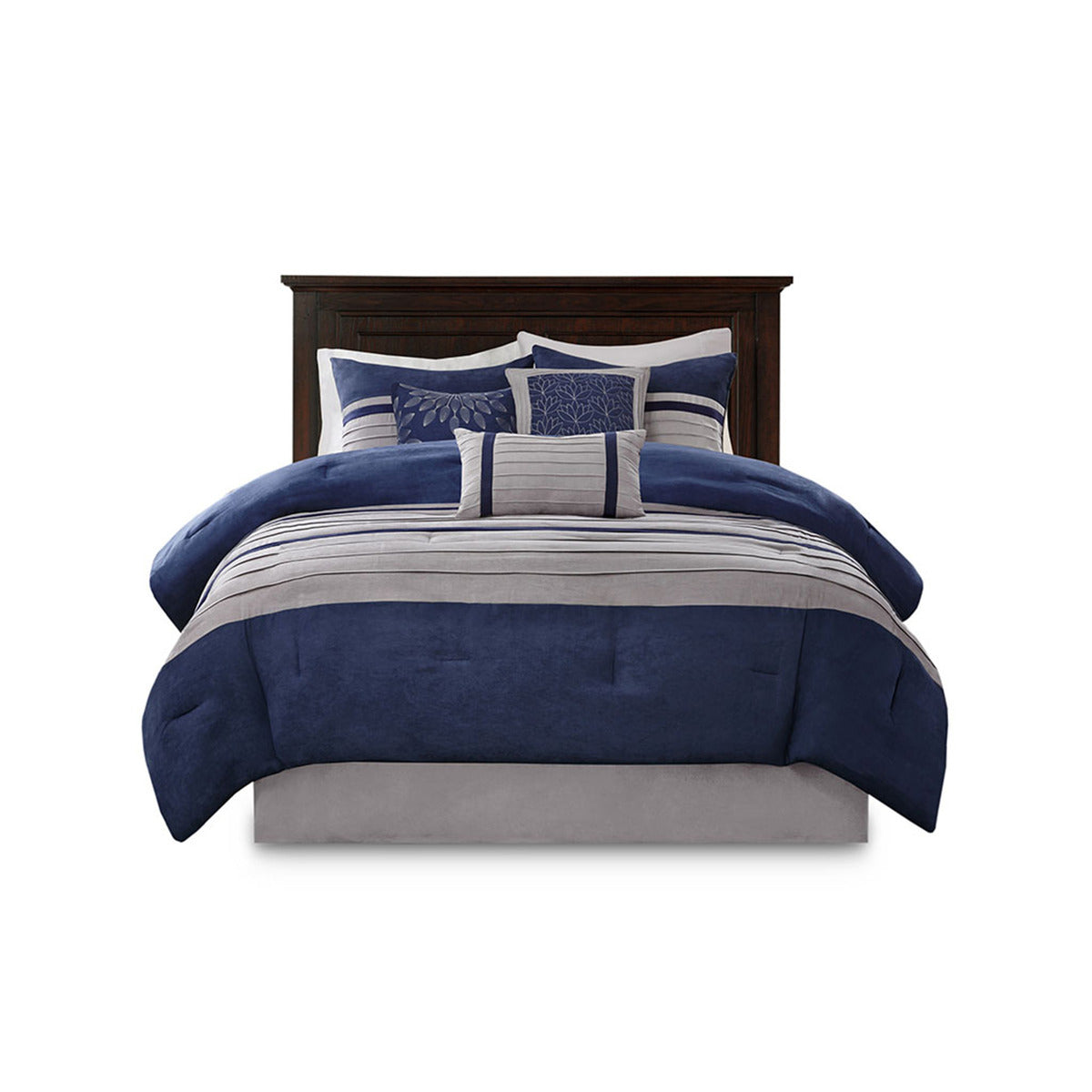 7 Pc Pieced Faux Suede Comforter Set Blue Cal King California King Blue Polyester