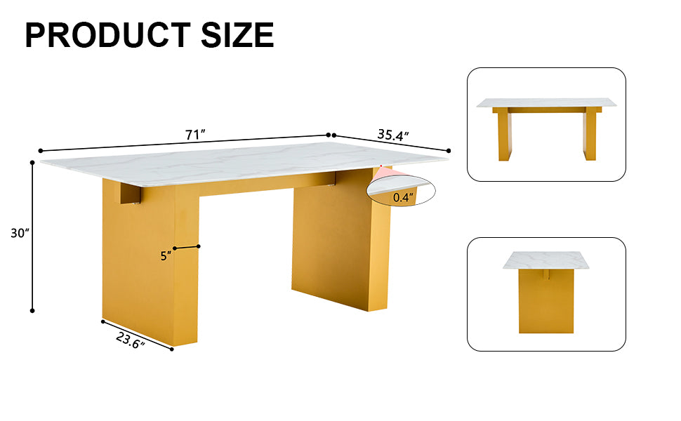 Large Modern Rectangular Table With 0.4 Inch Patterned Tabletop And Large Mdf Table Legs, Suitable For Kitchen, Dining Room, And Living Room 71 "* 35.4" * 30 " 1546 Gold Mdf Glass