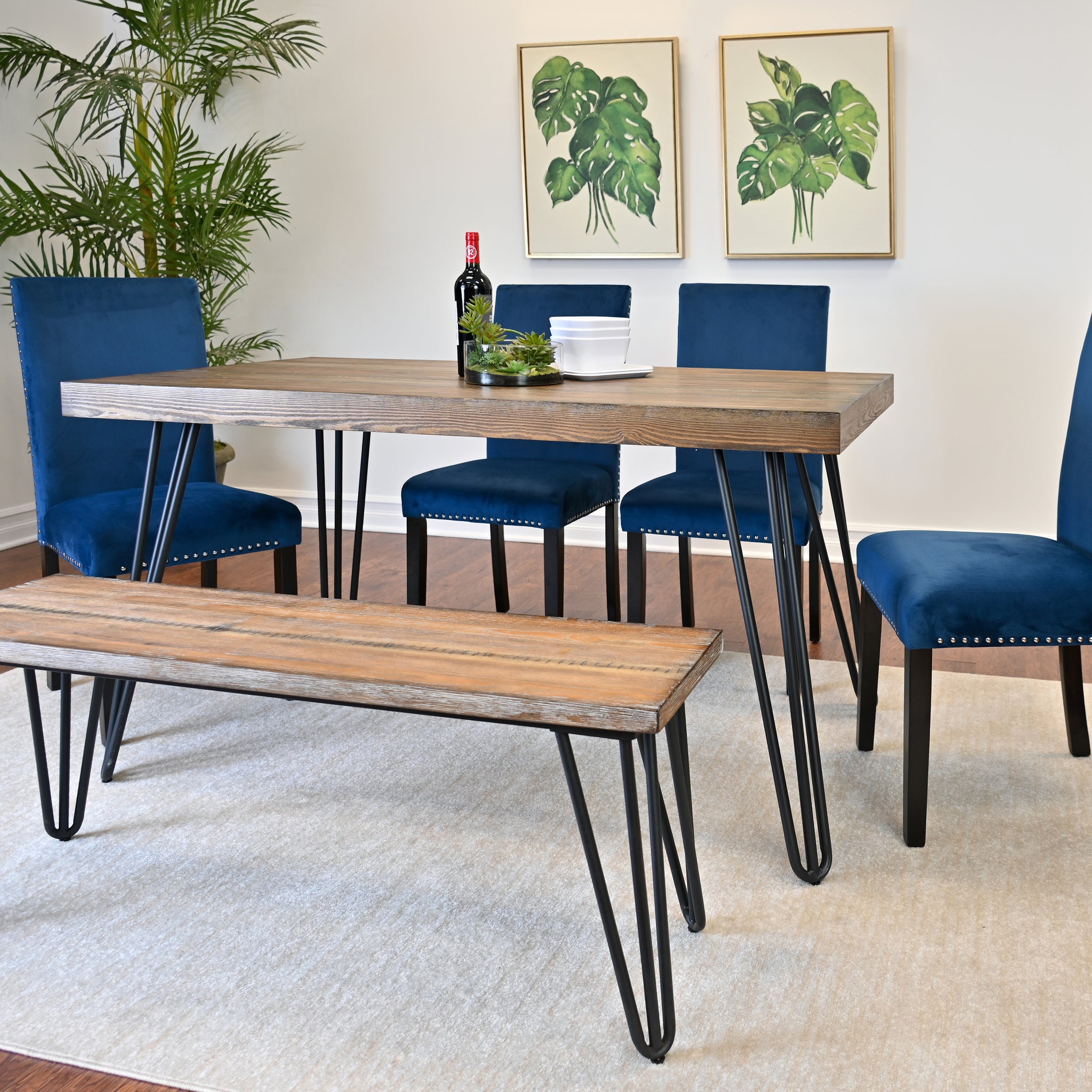 Aso 6 Piece Dining Set, Hairpin Dining Table With 4 Chairs And Bench, 3 Color Options Brown Metal Dining Room Fixed Table Rubberwood Rectangular Dining Table With Chair And Bench Metal Wood Brown Seats 6 Rectangular 4 Leg Mdf Metal