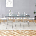 Table And Chair Set.Modern Rectangular Glass Dining Table With Tempered Glass Countertop And Silver Metal Legs, Paired With Multiple Transparent High Quality Pet Dining Chairs With Silver Legs. Silver Seats 8 Tempered Glass