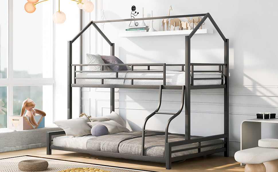 Metal House Bunk Bed, Twin Over Full, Black Full Black Metal