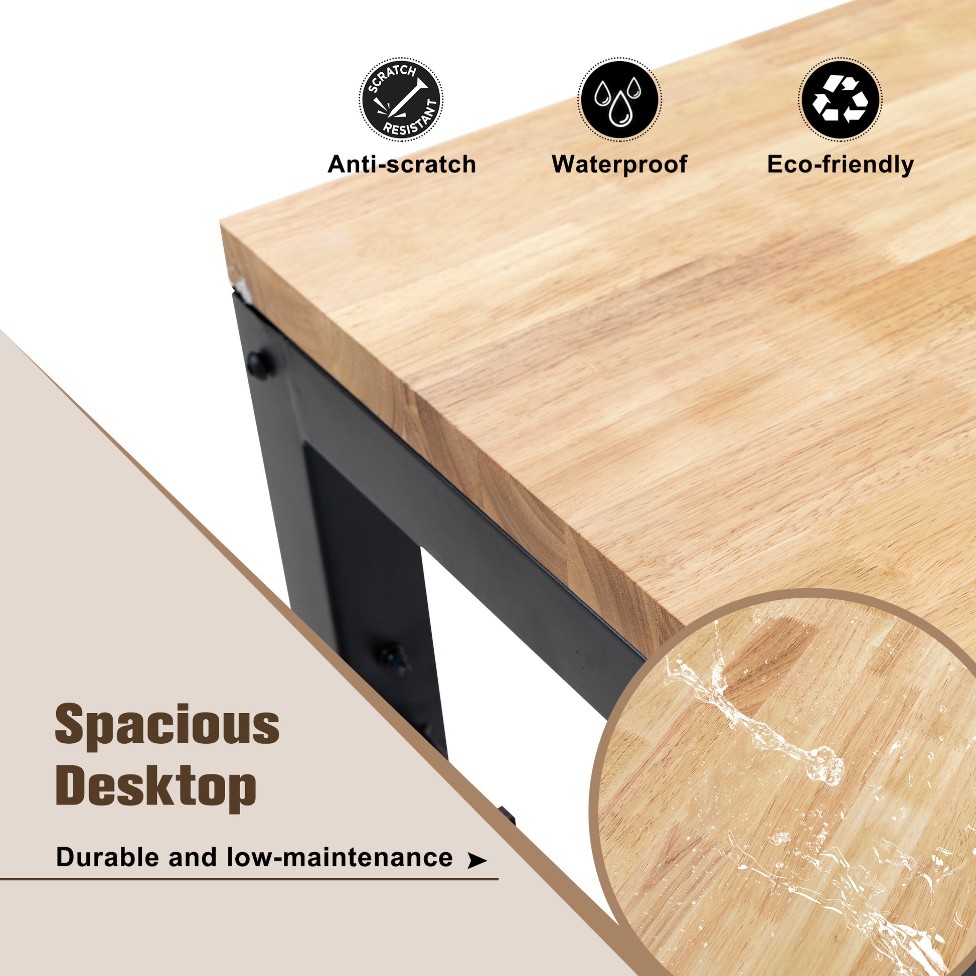 60" Adjustable Workbench For Garage, Rubber Wood Heavy Duty Workstation With Power Outlets & Wheels, 2000 Lbs Load Capacity Hardwood Worktable For Workshop, Garage, Office, Home, Commercial Black Metal & Wood