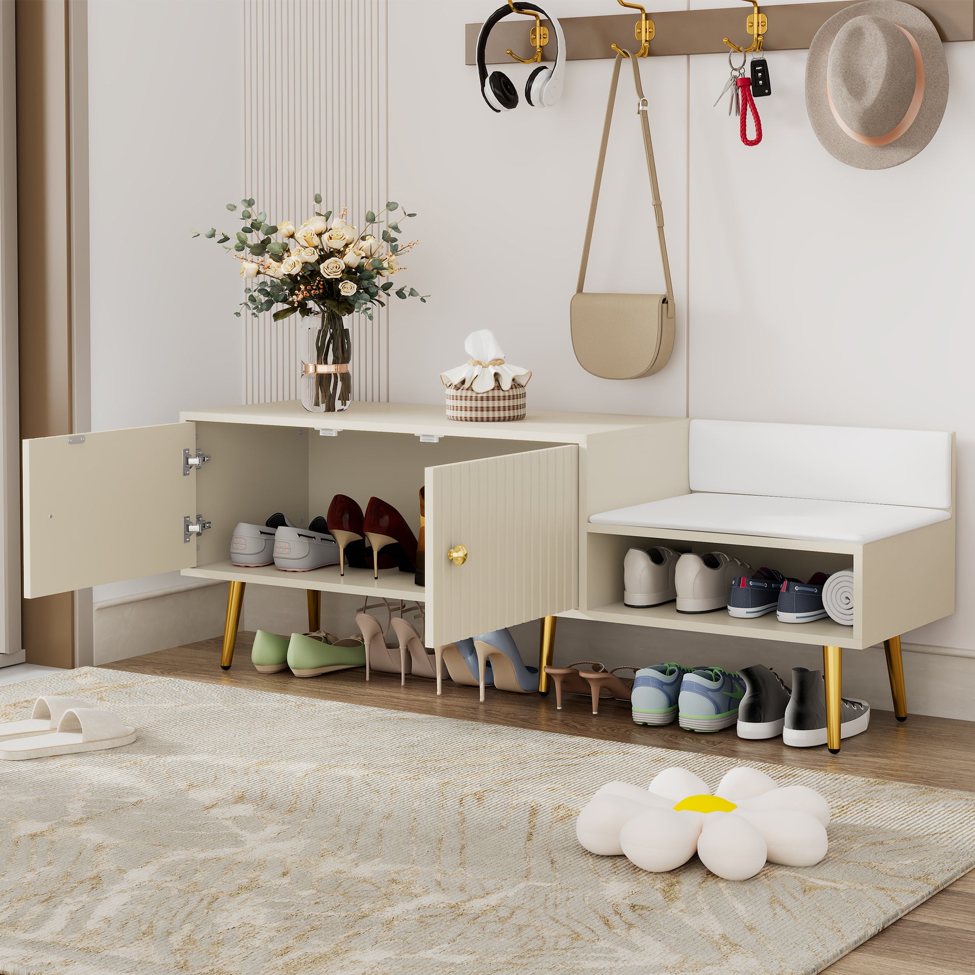 Modern Shoe Storage Bench With Hidden Storage And Upholstered Cushions For Bedside, Living Room And Entryway Antique White Antique White Mdf Metal