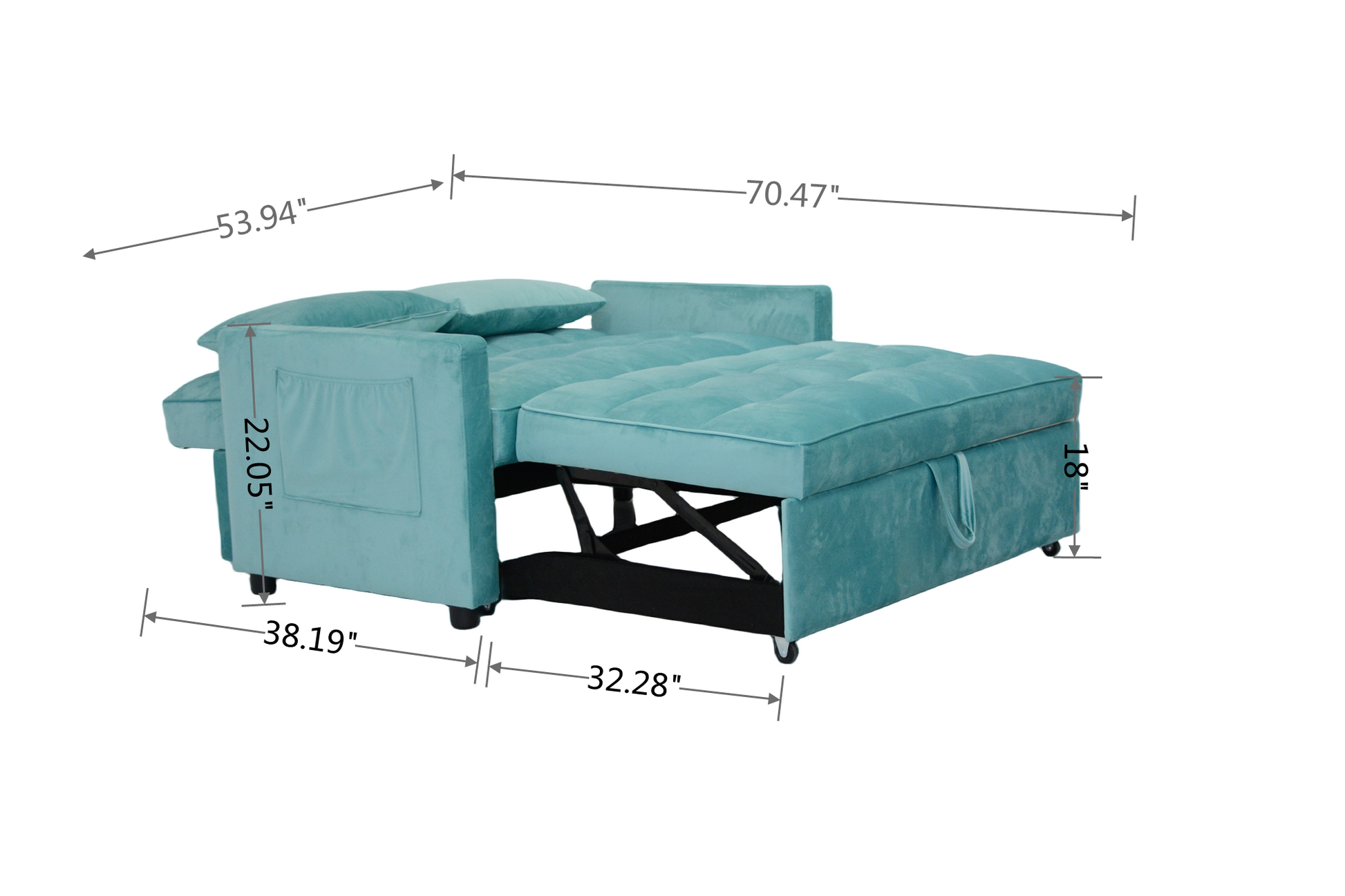 55.2" Velvet Two Seater Pull Out Sofa Bed, Adjustable Backrest With Three Usb Ports, Two Side Pockets, 3 In 1 Convertible Sleeper Sofa Bed, Modern Beautiful Seat Lounge Sofa For Living Room, Peacock Blue Brown Wood Primary Living Space Heavy Duty Pine 2