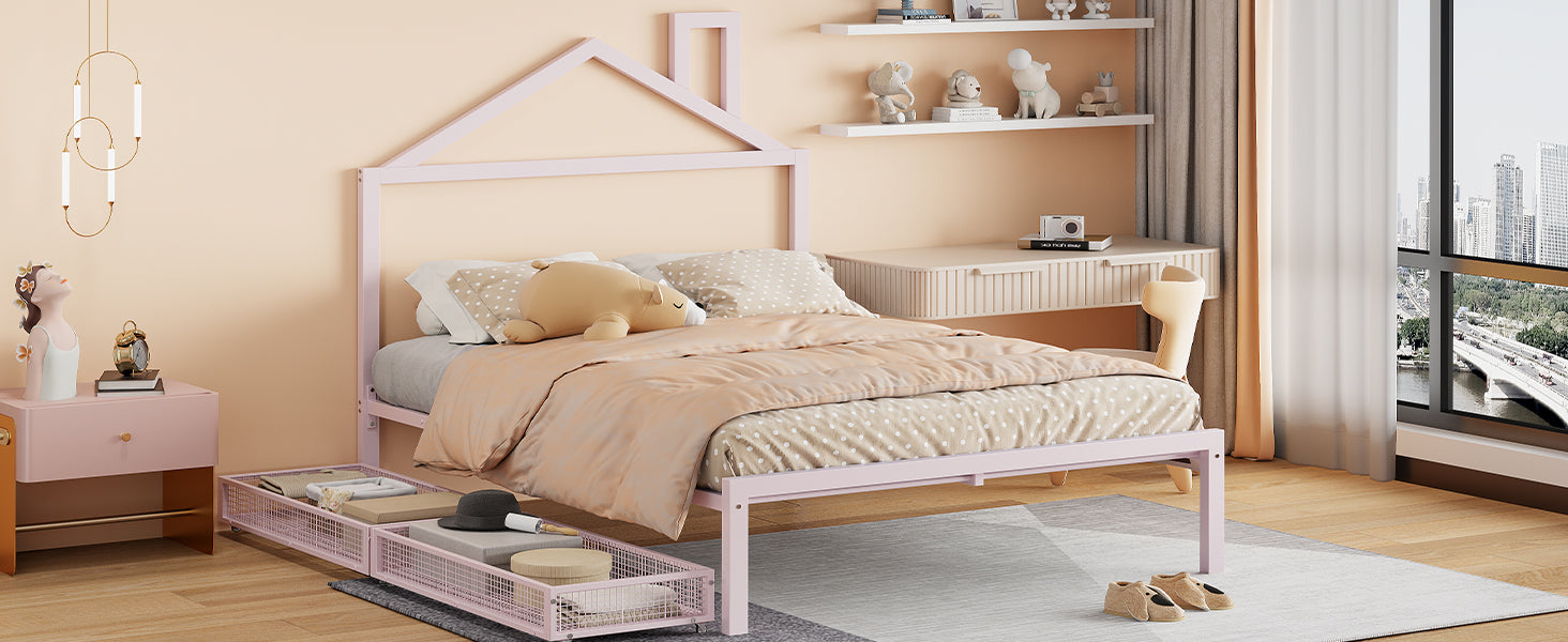 Full Size Metal Platform Bed With Two Drawers,House Shaped Headboard Design, Pink Full Pink Metal
