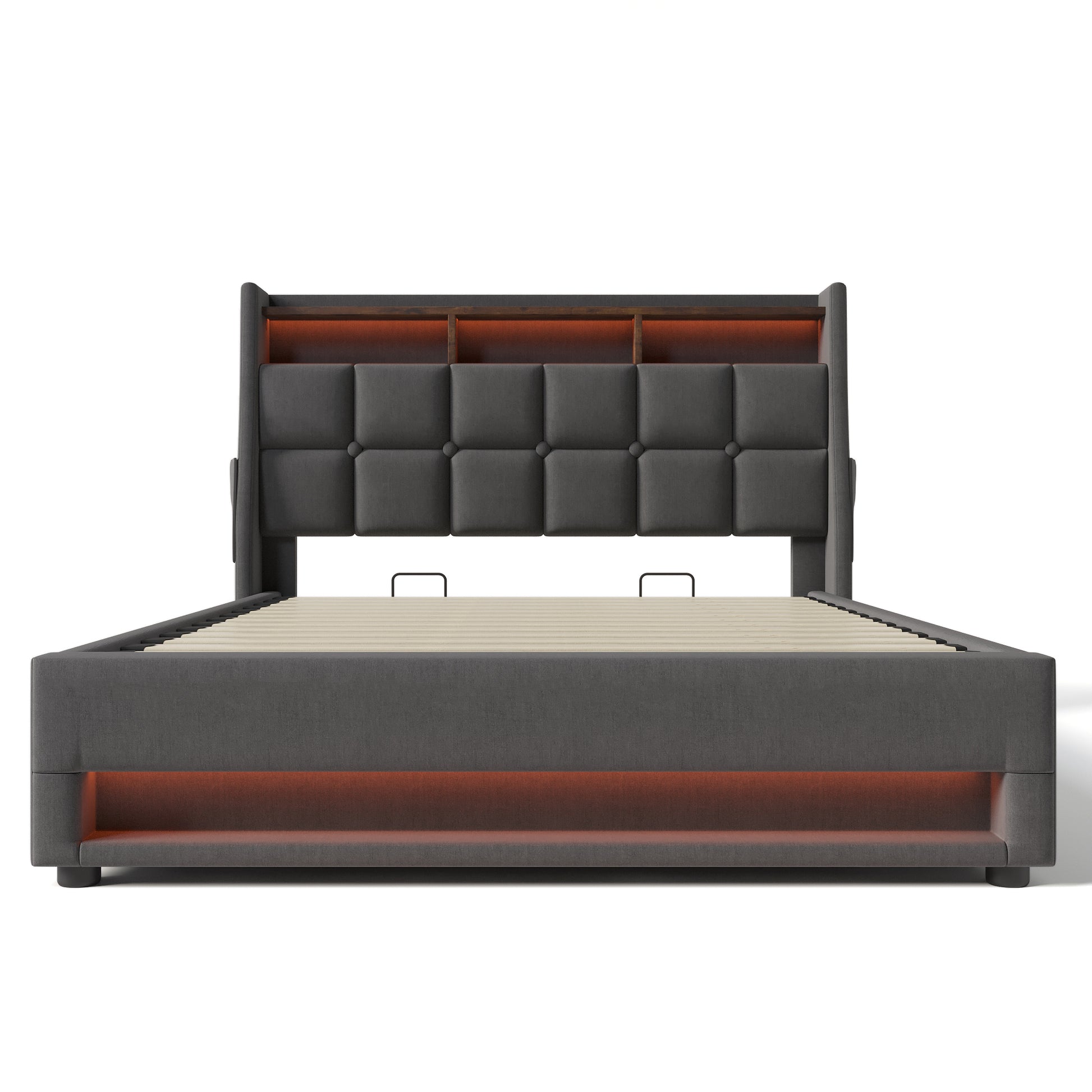 Queen Size Upholstered Platform Bed With A Hydraulic Storage System, Led And Usb Charging, Grey Without Mattress Queen Grey Metal & Wood