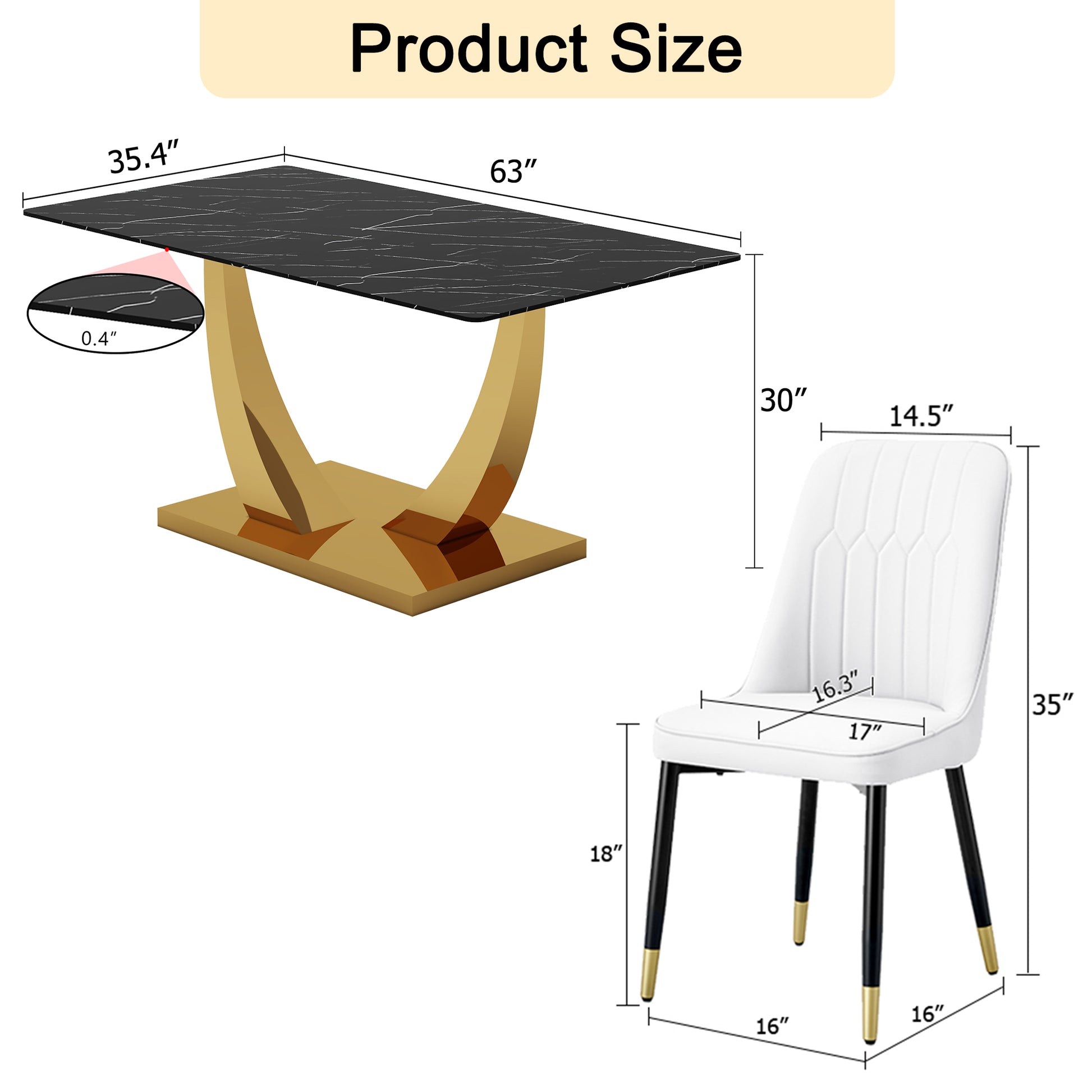 Table And Chair Set.Modern Rectangular Dining Table With Black Textured Stickers Glass Tabletop And Gold Plated Metal Legs.Paried With 6 Comfortable Chairs With Pu Seats And Black Metal Legs. Black Gold,White Seats 6 Glass Metal