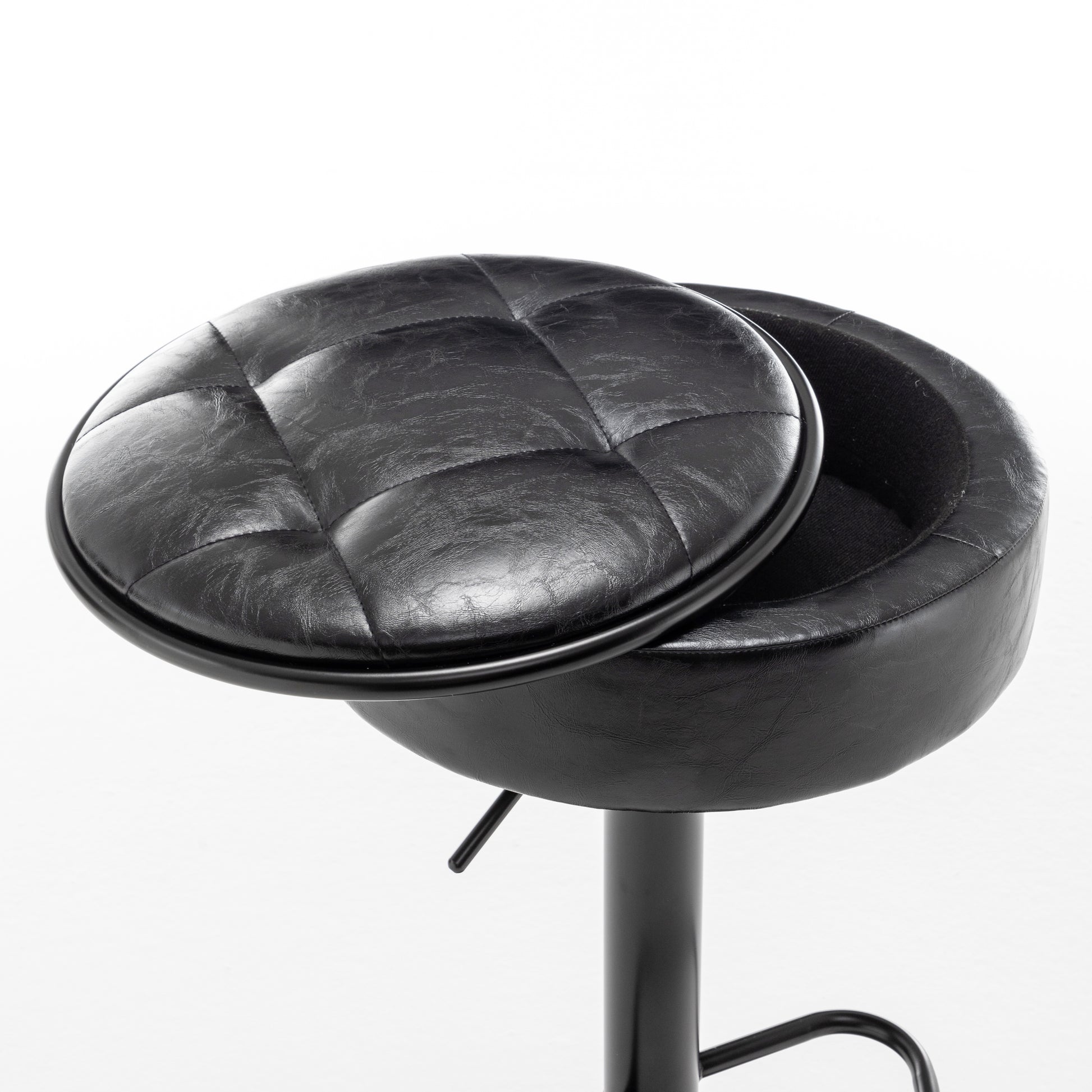 Round Storage Bar Stool Set Of 2, Black Faux Leather Height Adjustable Barstool, 360 Counter Height Swivel Stool, Armless Bar Chair With Metal Frame For Kitchen Counter Dining Living Room Black Set Of 2 Foam Pu Leather