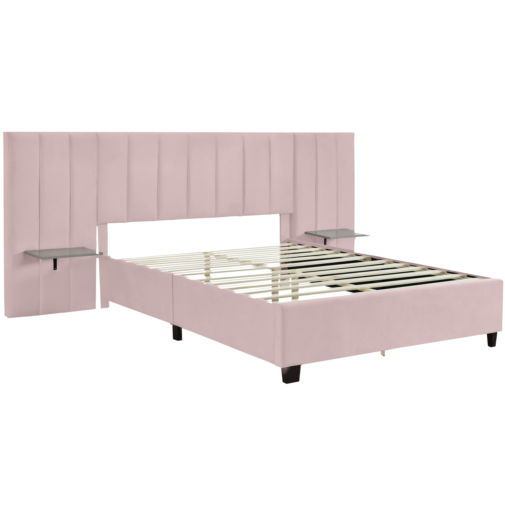 Queen Size Upholstered Platform Bed With Big Headboard, Bedroom Furniture, Velvet, Pink Queen Pink Plywood