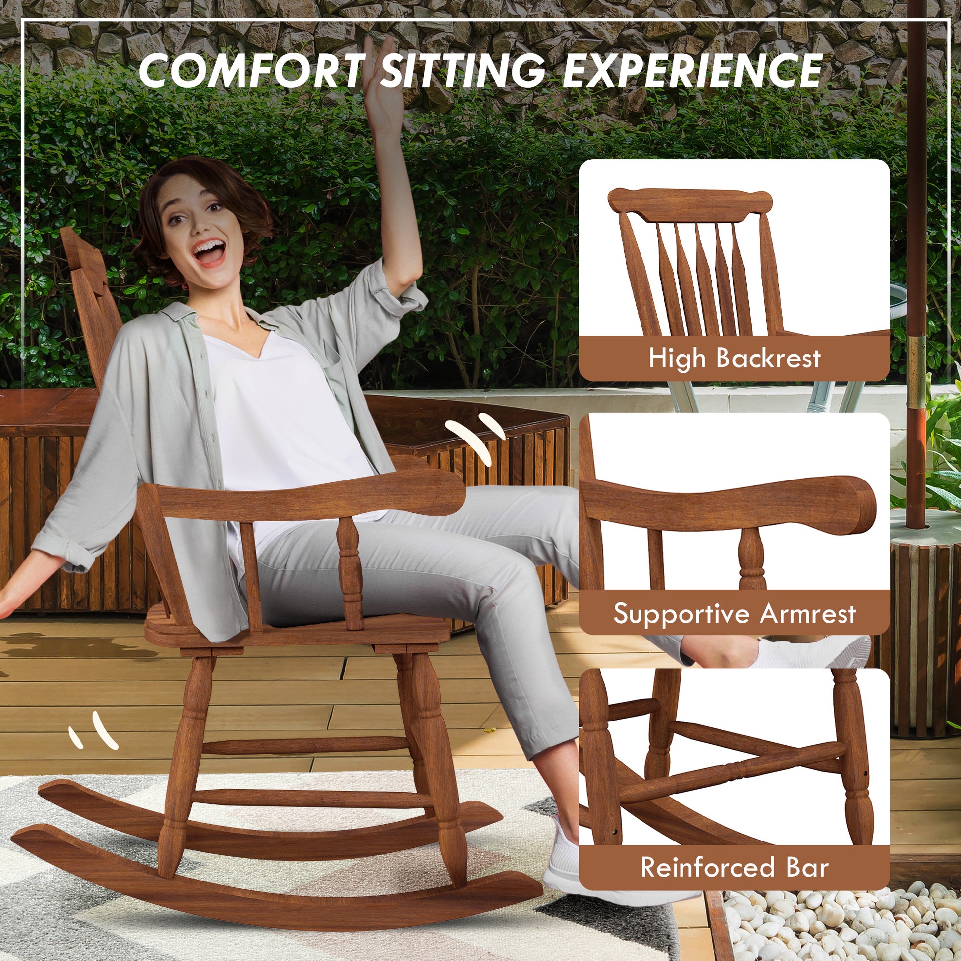 Outsunny Outdoor Wood Rocking Chair, 350 Lbs. Porch Rocker With High Back For Garden, Patio, Balcony, Teak Natural Wood