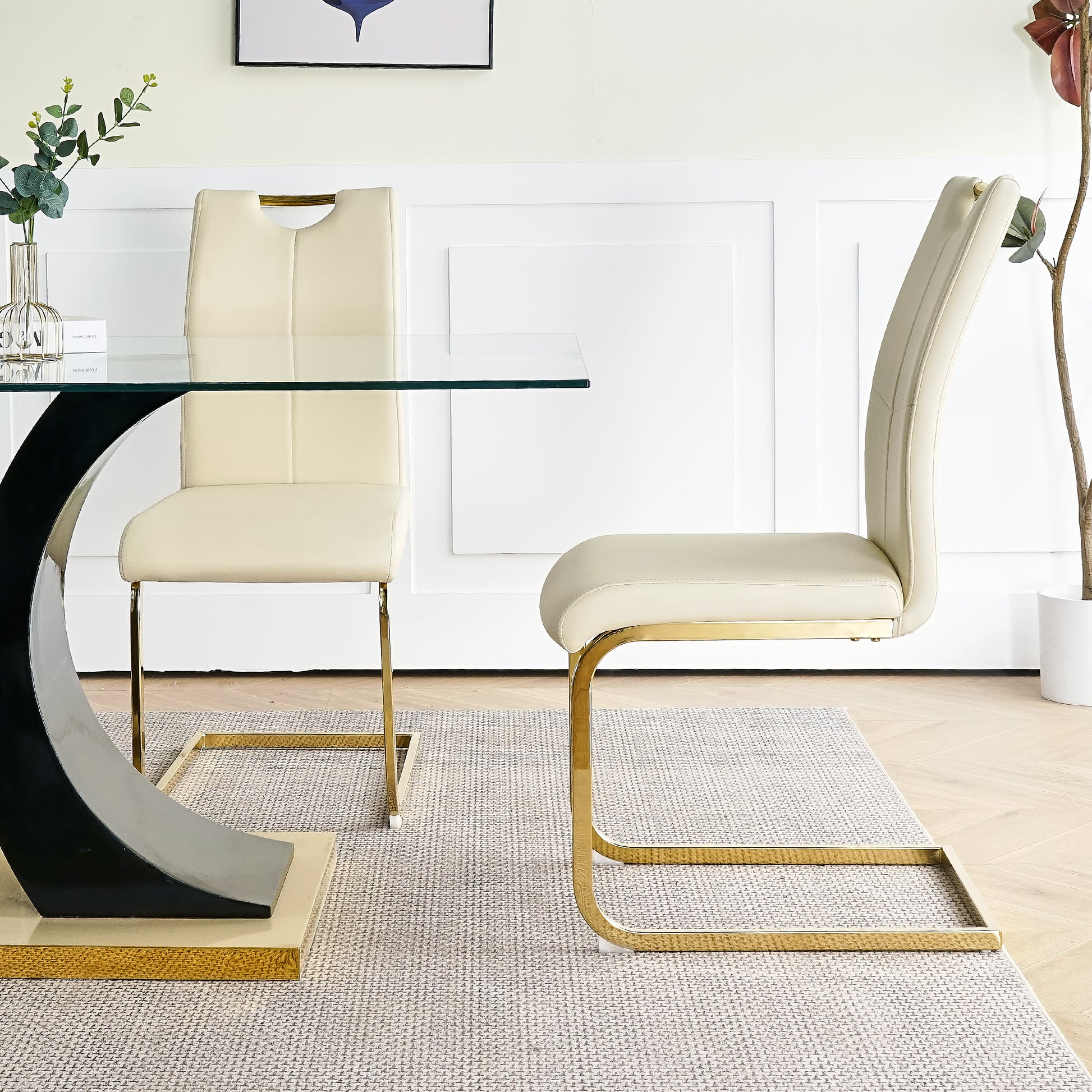 Modern Style Glass Dining Table With Elegant Transparent Design, Solid Support Base, Pale Yellow Dining Chair Set With Gold Plated Legs, Suitable For Restaurant Kitchens Set Of 7 Yellow Glass