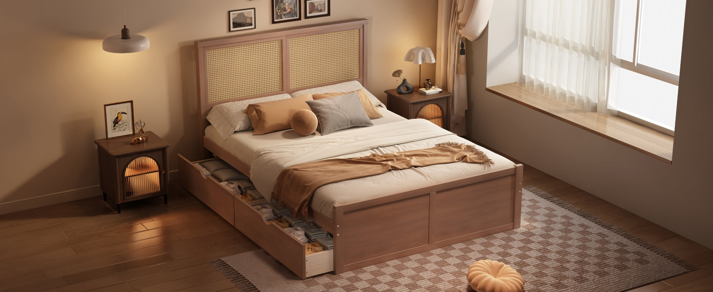 Queen Size Wood Storage Platform Bed With 4 Drawers, Rattan Headboard, Espresso Box Spring Not Required Queen Antique Espresso Wood Bedroom Bed Frame Wood Rattan